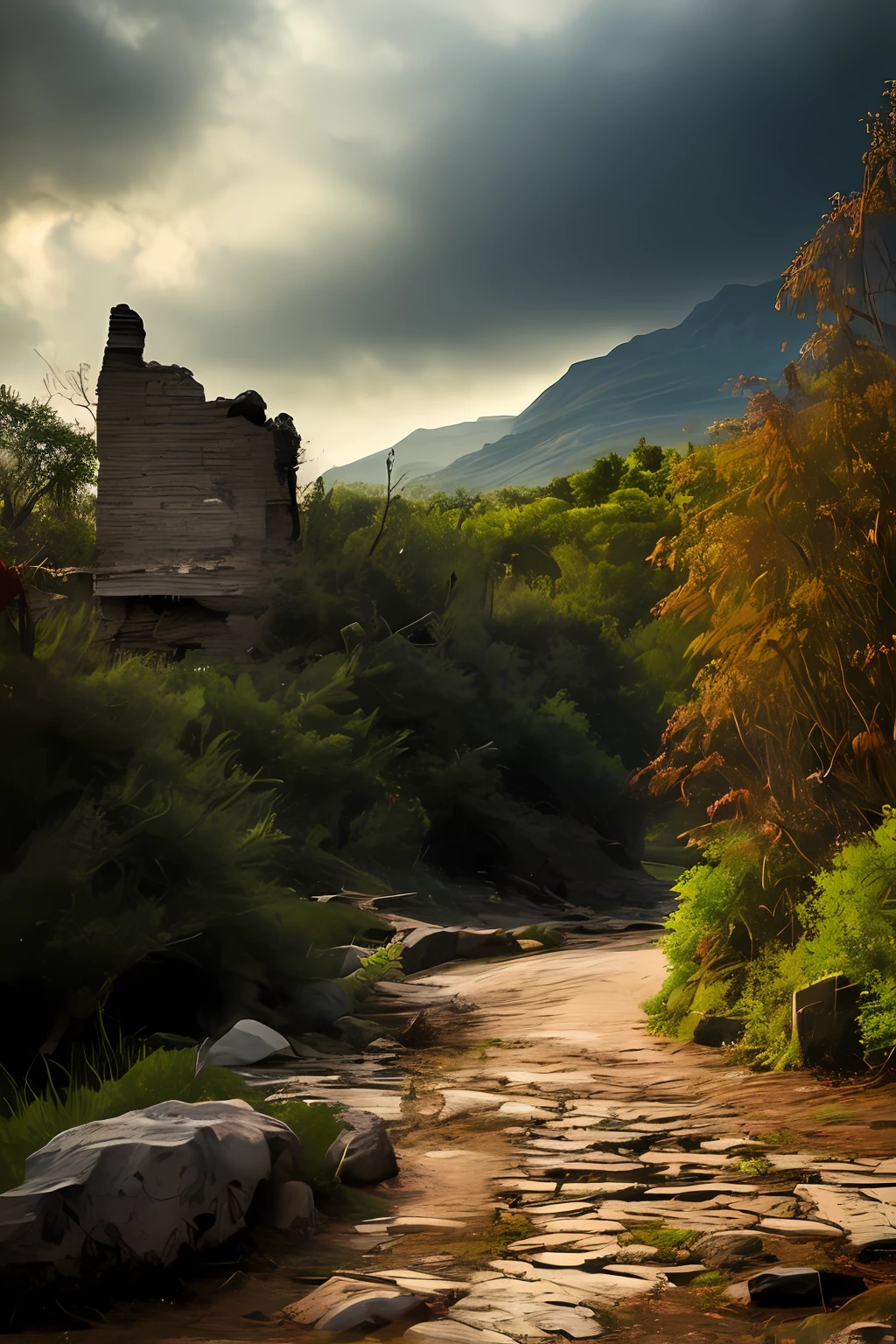 masterpiece, best quality, high quality, extremely detailed 8k unit wallpaper CG, artistic station, digital illustration, intricate, trend, pastel colors, oil painting, award-winning photography, Bokeh, depth of field, HDR, flower, chromatic aberration, photorealistic, extremely detailed, trend in artstation, trend in CGsociety, intricate, high detail, dramatic, art in the middle of the journey, Visualize a horizon shrouded in dense black clouds, where occasional rays illuminate a desolate and gloomy landscape. As you get closer, you can see towering mountains covered in dead, gnarled vegetation. A black and sinister river meanders through the valley, emanating a nefarious mist that seems to swallow any light that dares to penetrate its path. Decrepit ruins of an ancient city are glimpsed in the distance, adding an air of mystery and melancholy to the site. The somber sounds of the wind howling through the gnarled trees echo around him, making his skin shiver. Feel the oppression of the place and the constant presence of something evil lurking in the shadows,