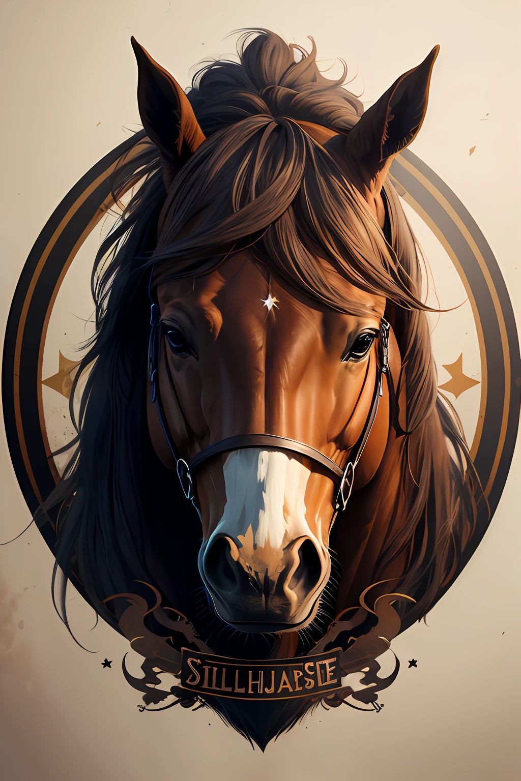 Logo on vector horsehead, silhuetas, vetorial, Wild West Stile, Faroeste, moldura redonda, cinematographic, geometrical forms