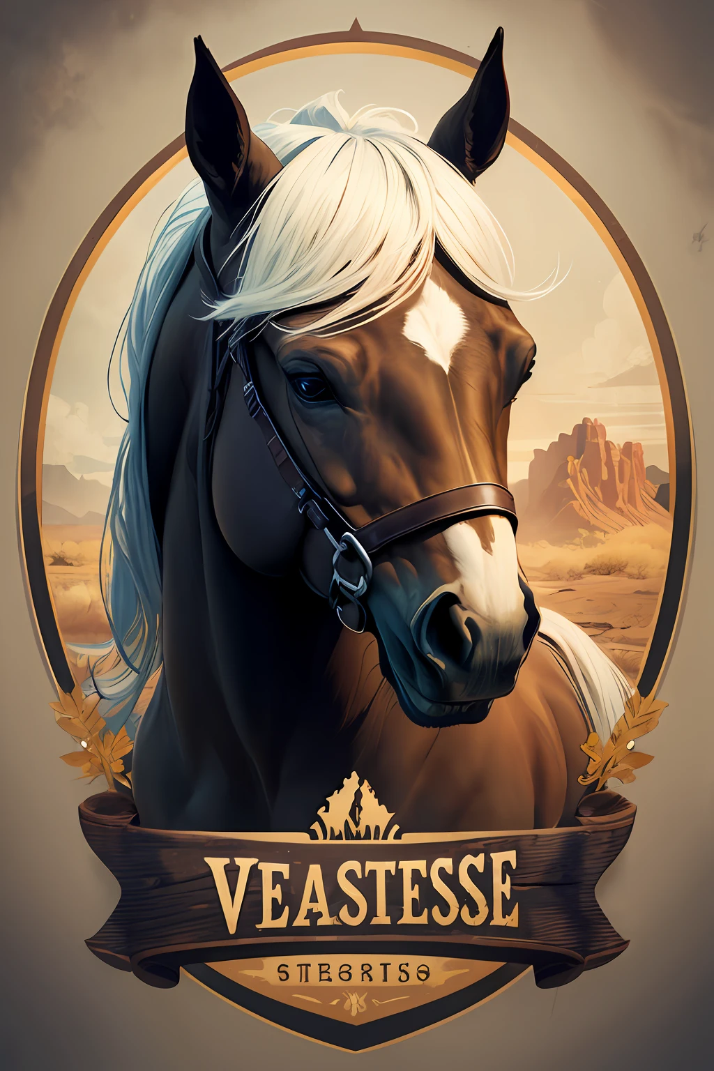 Logo on vector horsehead, silhuetas, vetorial, Wild West Stile, Faroeste, moldura redonda, cinematographic, geometrical forms