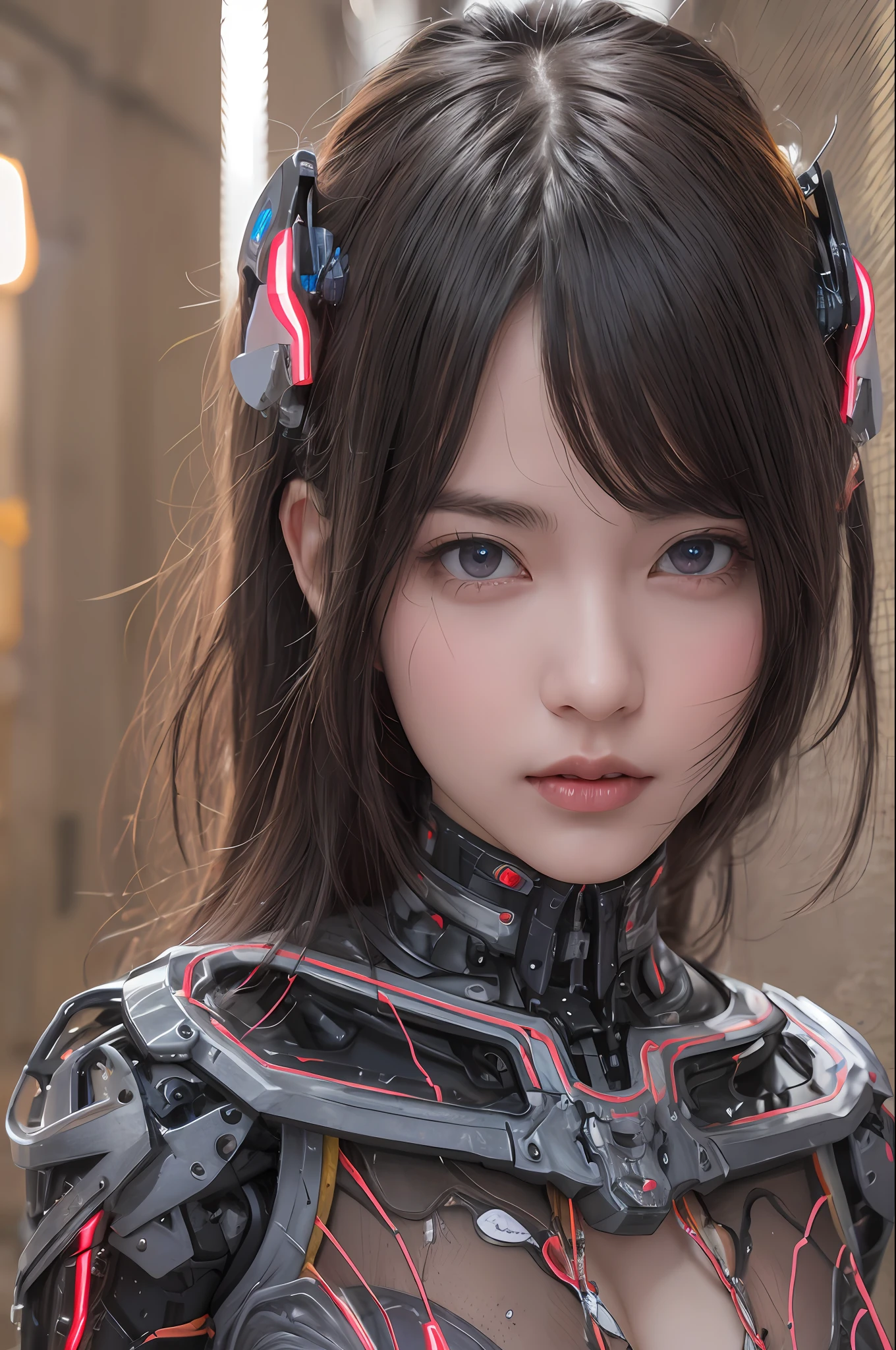 Top Quality, Masterpiece, Ultra High Resolution, (Photorealistic: 1.4), Raw Photo, 1 Girl, Black Hair, Glossy Skin, 1 Mechanical Girl, (Ultra Realistic Detail)), Portrait, Global Illumination, Shadows, Octane Rendering, 8K, Ultra Sharp, Big, Cleavage Exposed Raw Skin, Metal, Intricate Ornament Details, Japan Details, Very intricate details, realistic light, CGSoation trend, purple eyes, glowing eyes, facing the camera, neon details, mechanical limbs, blood vessels connected to the tube, mechanical vertebrae attached to the back, mechanical cervical attachment to the neck, sitting, wires and cables connecting to the head, gundam, small LED lamps,