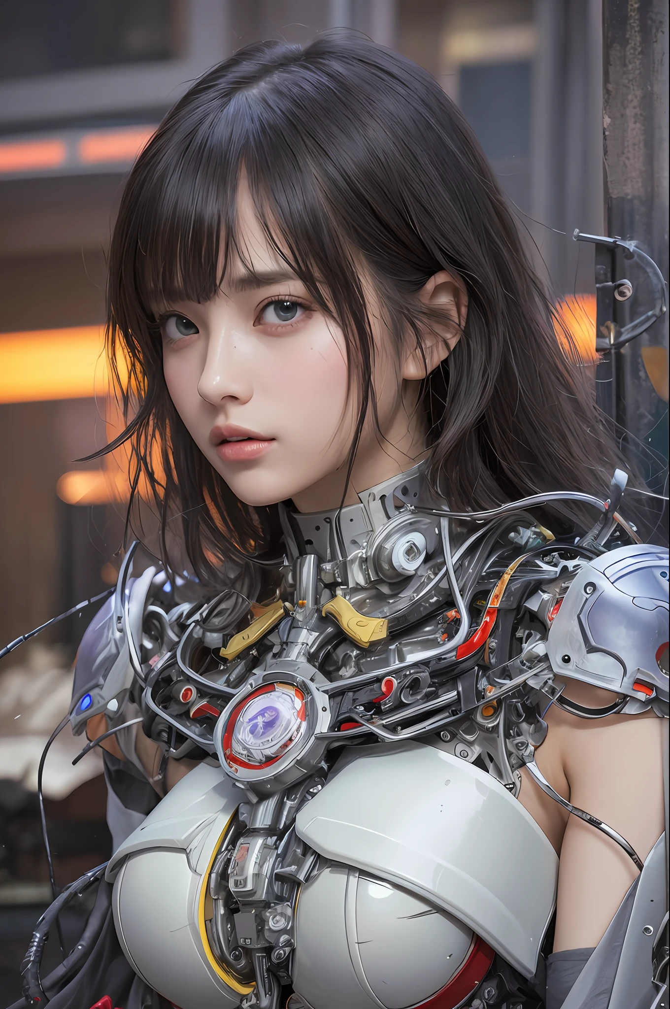 Top Quality, Masterpiece, Ultra High Resolution, (Photorealistic: 1.4), Raw Photo, 1 Girl, Black Hair, Glossy Skin, 1 Mechanical Girl, (Ultra Realistic Detail)), Portrait, Global Illumination, Shadows, Octane Rendering, 8K, Ultra Sharp, Big, Cleavage Exposed Raw Skin, Metal, Intricate Ornament Details, Japan Details, Very intricate details, realistic light, CGSoation trend, purple eyes, glowing eyes, facing the camera, neon details, mechanical limbs, blood vessels connected to the tube, mechanical vertebrae attached to the back, mechanical cervical attachment to the neck, sitting, wires and cables connecting to the head, gundam, small LED lamps,