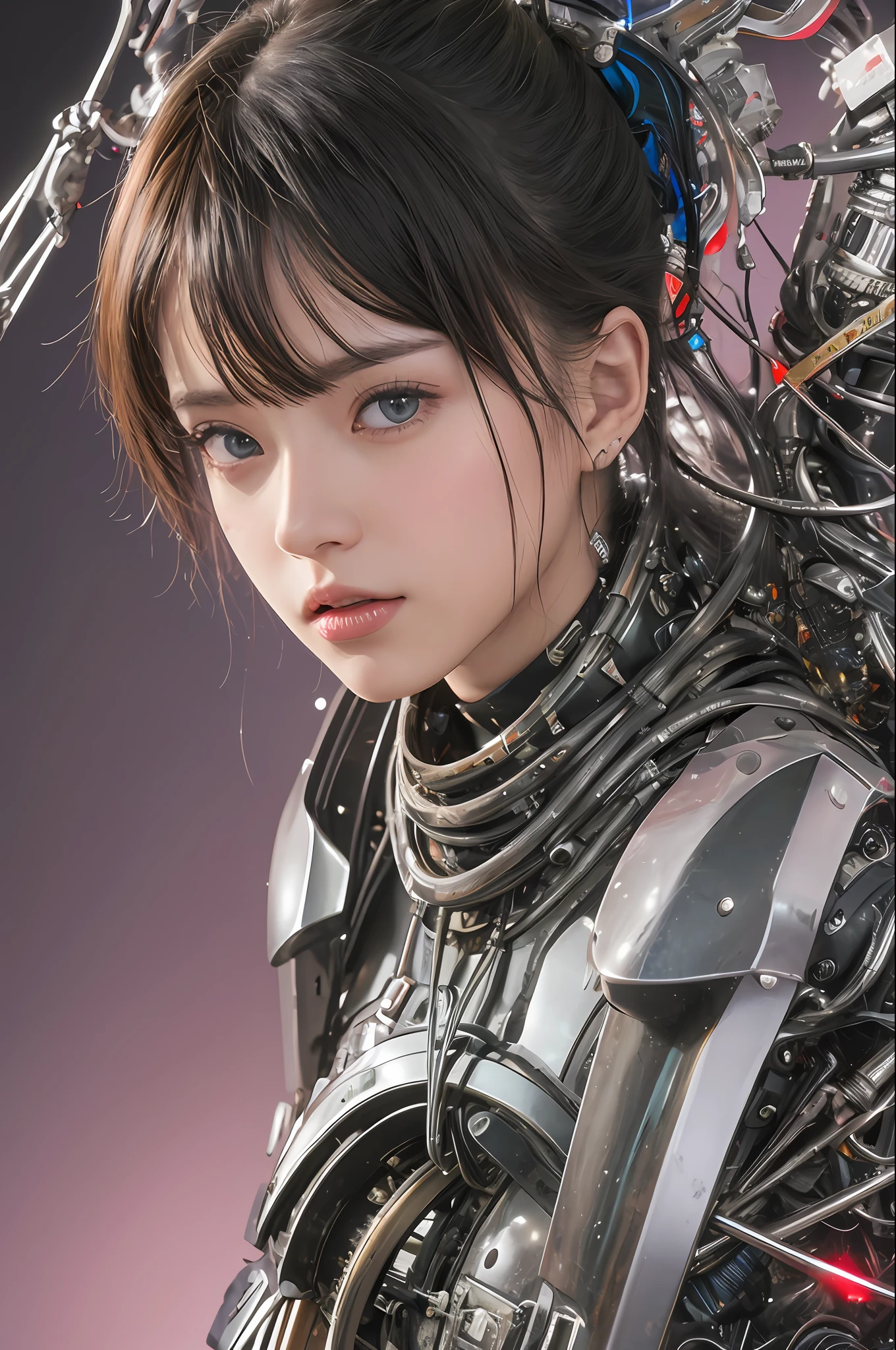 Top Quality, Masterpiece, Ultra High Resolution, (Photorealistic: 1.4), Raw Photo, 1 Girl, Black Hair, Glossy Skin, 1 Mechanical Girl, (Ultra Realistic Detail)), Portrait, Global Illumination, Shadows, Octane Rendering, 8K, Ultra Sharp, Big, Cleavage Exposed Raw Skin, Metal, Intricate Ornament Details, Japan Details, Very intricate details, realistic light, CGSoation trend, purple eyes, glowing eyes, facing the camera, neon details, mechanical limbs, blood vessels connected to the tube, mechanical vertebrae attached to the back, mechanical cervical attachment to the neck, sitting, wires and cables connecting to the head, gundam, small LED lamps,