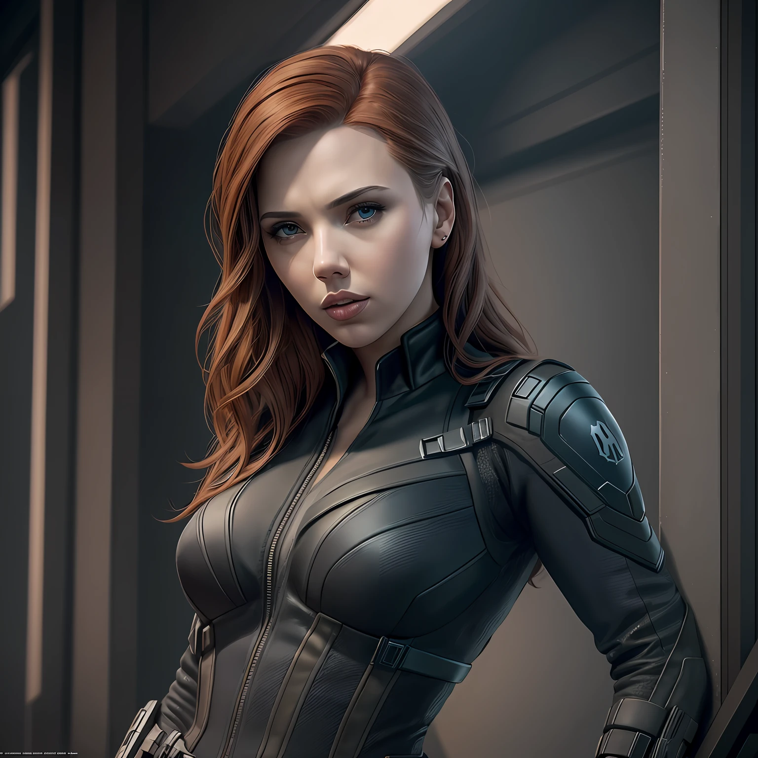 Super realista, uma foto realista de 1 mulher madura, Scarlett Johansson, tipo Natasha Romanoff, roupa preta com decote, luvas de couro longas, estilo ninja, tipo assassina, Ancient Japan setting, Japan, brilhos leves, cabelo vermelho, rabo de cavalo, rosto detalhado, olhos detalhados, nariz detalhado, boca detalhada, boca fechada, melhor qualidade --auto