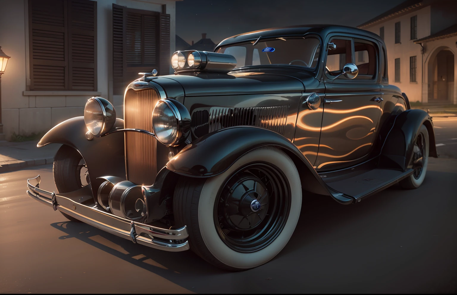 imagens altamente detalhadas, fotorrealista, cinematographic, summer night, summer season, a lua ilumina a rua com (((Ford 1932 PRETO))), the car is standing near a country house, the car is in front of the gates of a country house --auto