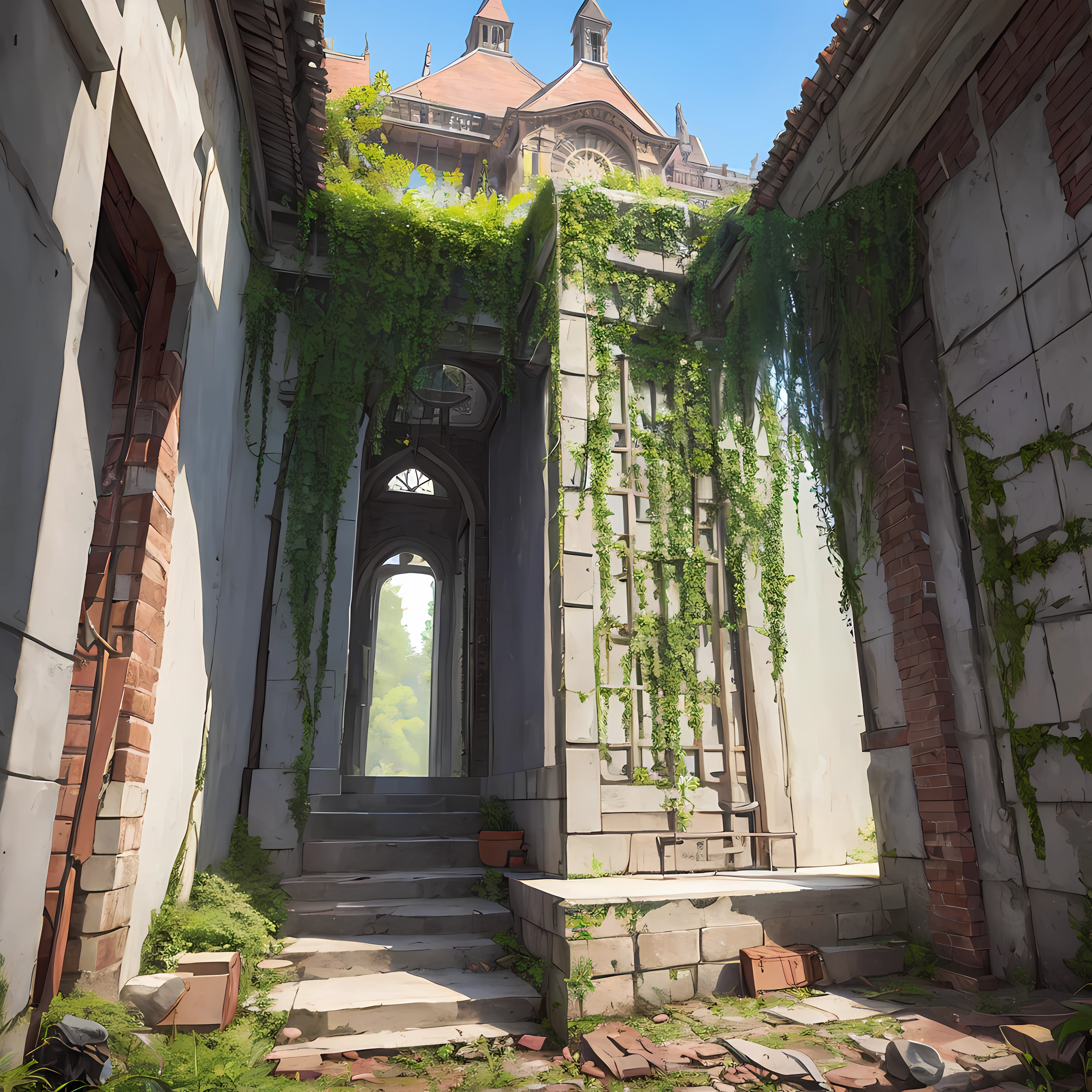 Obra-prima, melhor qualidade, (muito detalhado CG unidade 8k papel de parede), (melhor qualidade), (best illustration), (melhor sombra), Castle mansion covered in abandoned vegetation in a forest, supersaturado, torre da princesa, gazebo, varanda, octane rendering, ray tracing, muito detalhado --auto --v6