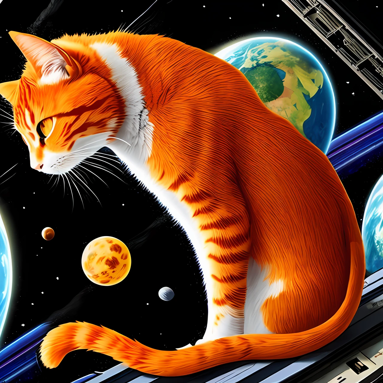 An orange cat looks down on Earth from outer space，The orange cat has to draw very realistically。