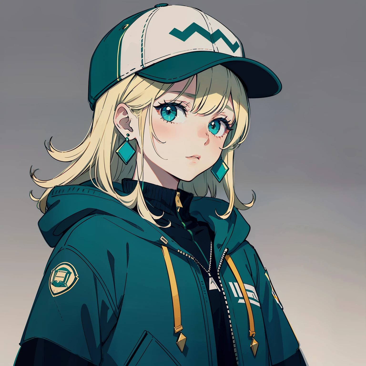 anime drawing of a girl sporting a hat and cap with long blonde hair, 1girl, solo, hat, jewelry, earrings, long hair, baseball cap, jacket, hood, hood down, simple background, green jacket, upper body, green headwear, grey background,low contrast, chromatic aberration, high contrast, flat color, limited palette, ligne claire