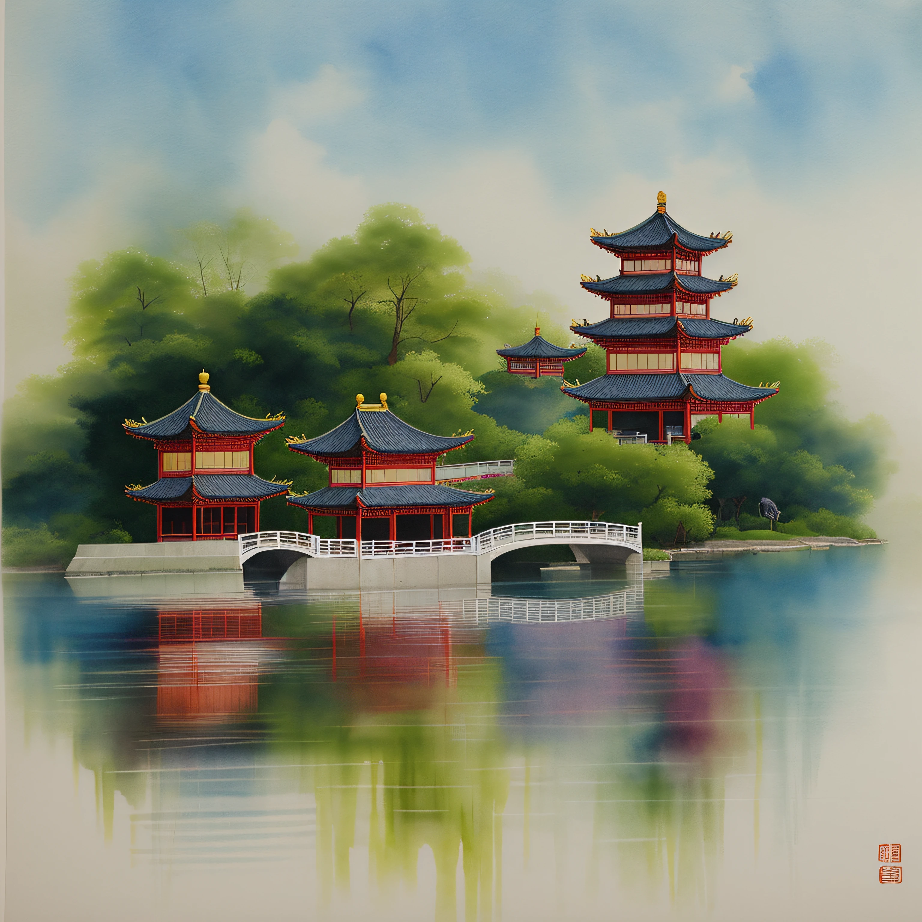 painting of a chinese building on a lake with a bridge, chinese watercolor style, Traditional Chinese watercolor, chinese watercolor, author：Li Zai, japan watercolour, japan watercolour, author：Dong Yuan, author：Sun Kehong, Chinese landscape, author：Dong Qichang, author：Gong Kai, author：Qu Leilei, watercolor detailed art, author：Cao Zhibai, Chinese style painting