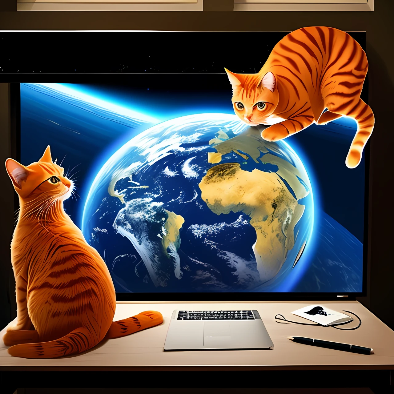 An orange cat looks down on Earth from outer space,The orange cat has to draw very realistically。