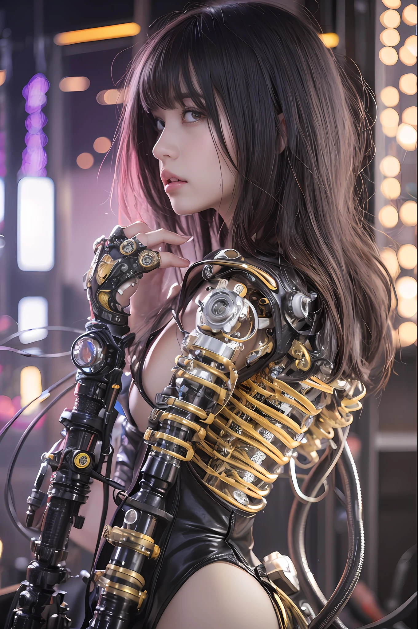 最好质量、巨作、ultra-high-resolution、(photoreallistic:1.4)、Raw photo、女の子1人、Black hair、glowy skin、Cyberpunk Girl、((hyper realistic detail))、portlate、Global Illumination、Shadow、octane rend、in 8K、ultrasharp、big tit、Raw skin is exposed in cleavage、metals、Details of complex ornaments、Gothloli details、Luminous tube、Analog Meter、cog、gear、Golden hydraulic cylinder、hyper intricate details、Realistic light、CGSoation Trends、purple colored eyes、eyes glowing、Facing the camera、neon details、Mechanical limbs、blood vessels connected to tubes、Mechanical vertebrae attached to the back、mechanical cervical attaching to neck、sitting on、Wires and cables connecting to the head、Small LED lamp、
