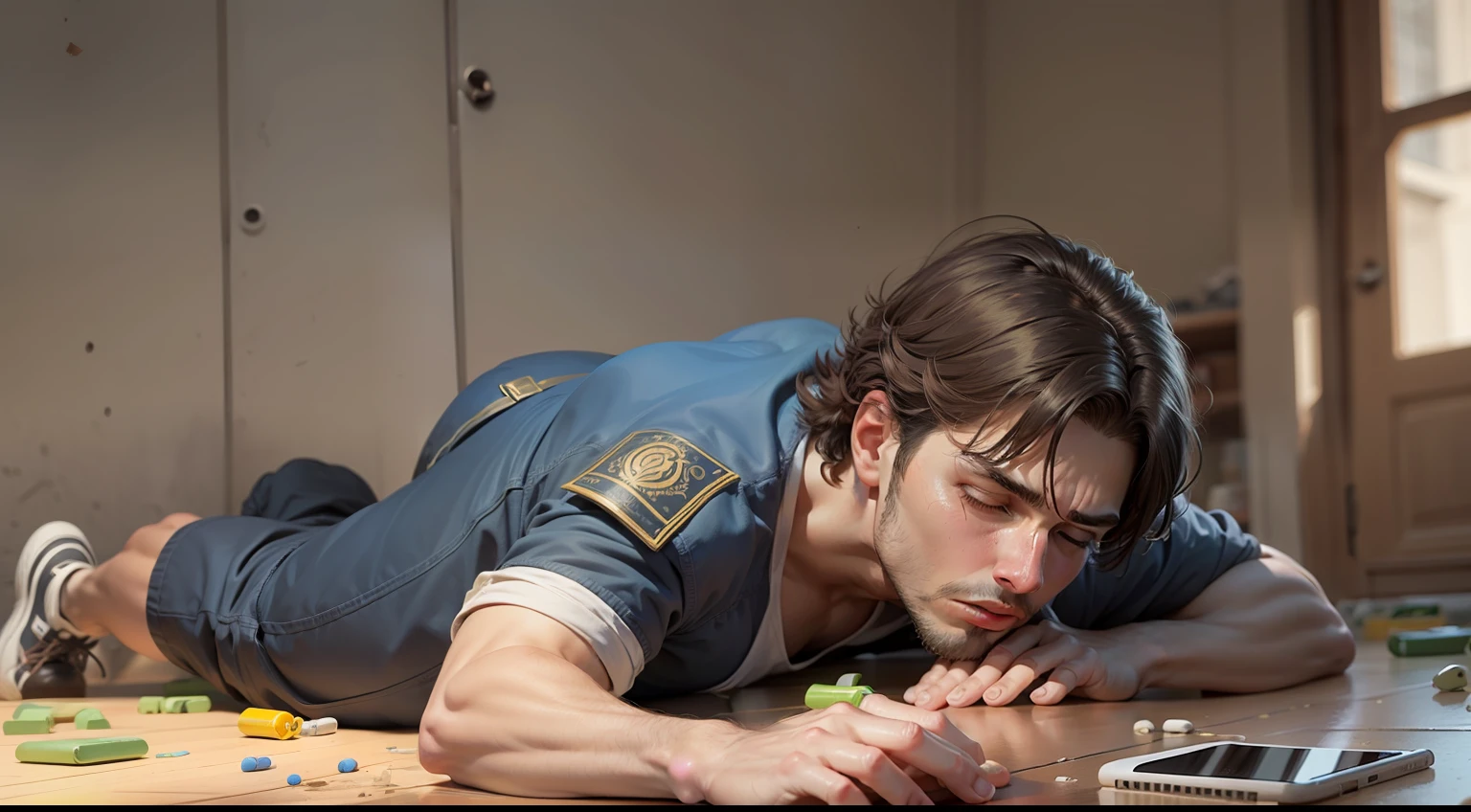 homem babando ao lado de comprimidos, lying on floor, Fallen to the ground, Thrown on the ground, tablets on the floor