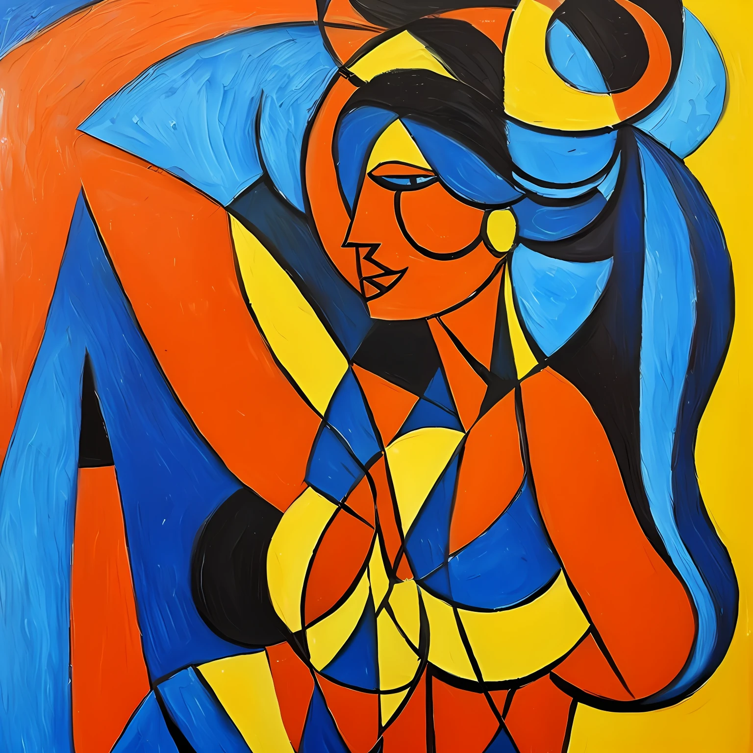 Rude and crude oil painting Picasso brush texture thick on wood bright colors orange and blue, beautiful woman confident and bold in bathing suit, delicate body contour --auto