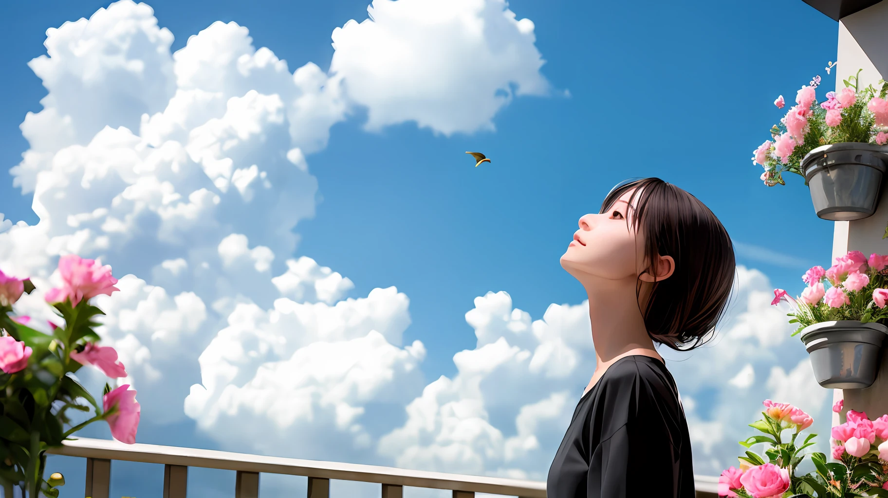 巨作、(photoreallistic:1.4)、最好质量、beautiful  lighting、(ulzzang-6500:0.5)、Makima \(chainsawman\)、(Bob hair)+(black har)+(bangss)、blue eyed、blue eyed、((Ring-shaped eyes))、RAW Photography、8k UHD、film grains、(巨作、最好质量)、florals、exteriors、letterbox、student clothes、daytime、skyward、look up to、the clouds、sunlight、White shirt、serafuku、Upper body body、from side、from side、pink flowers、Blurring、A blue sky、depth of ﬁeld