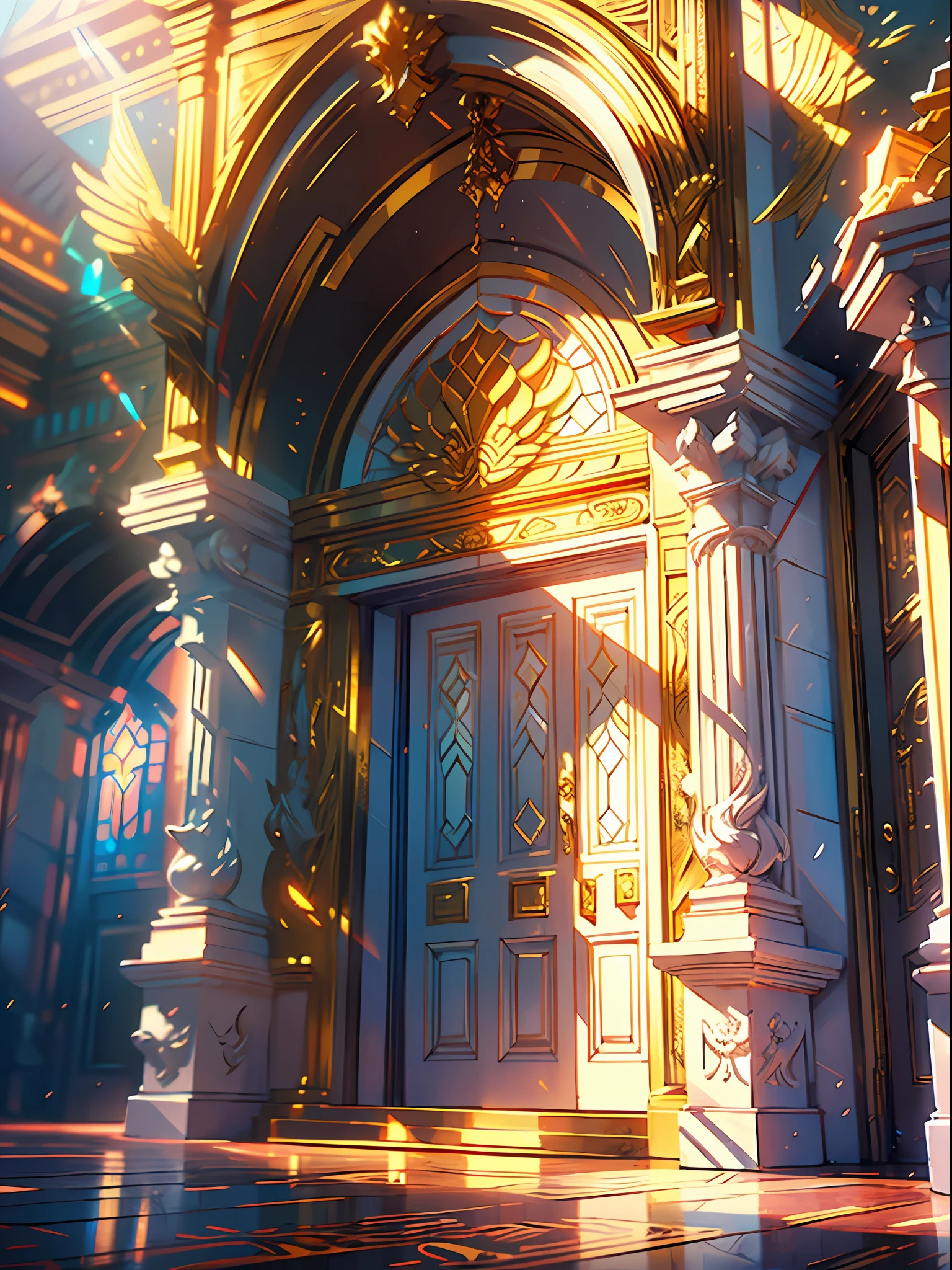 ((masterpiece)) beautiful ((white palace)), ((intricate details)),  ((glowing golden dargon crafted door)), highly detailed, soft shadow, fantasy looking masterpiece ((illustration)),break. (Light cinematic ), professional colour grading, 4k ,hd