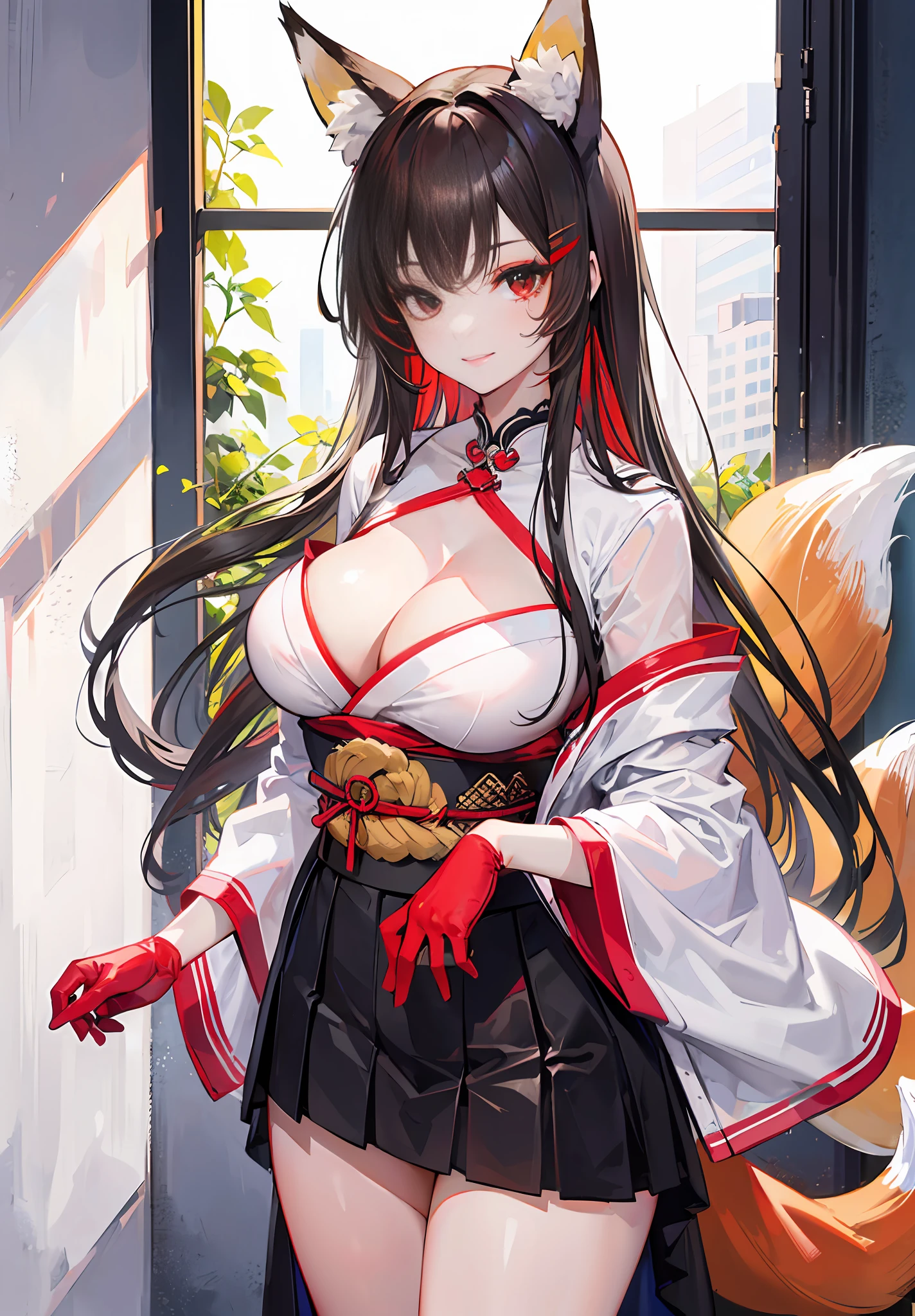 (Masterpiece, 4k resolution, ultra-realistic, very detailed), 1 girl, fox ears, fox girl, (multiple fox tails:1.5), sidelocks, brown hair, very long hair, bangs, (red eyes1.6), (red eyeliner:1.6), beautiful goddess woman, 40 years old, japanese clothes, tight clothes, cleavage, perfect body, perfect breasts, tight black skirt, clothing cutout, thighs, (no panties:1.5), gloves, smile, white clothes,