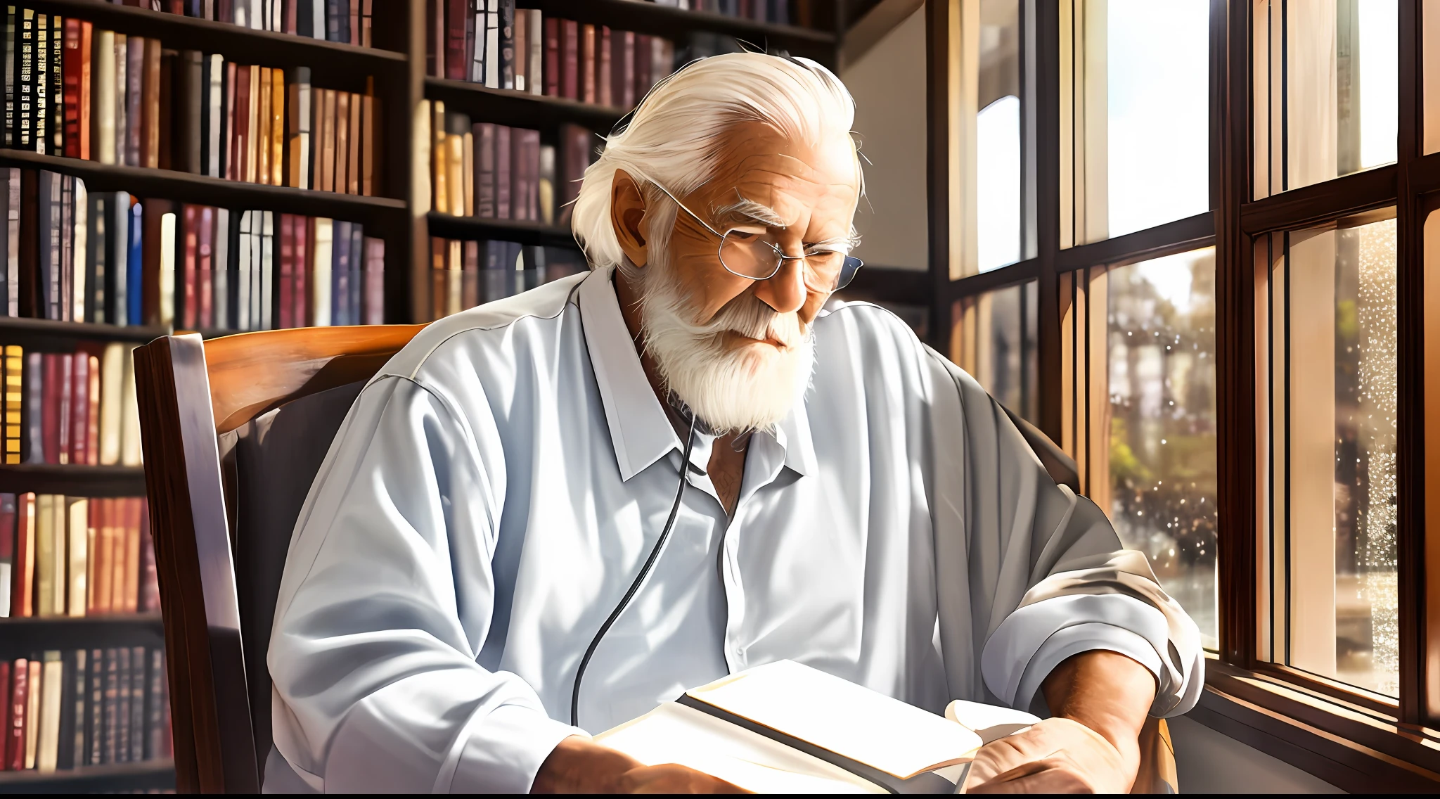 Elder man seated on a chair, old and wrinkled, long white hair and beard, library, large window in background, fantasy, wonder, amazing, bright office or study, backlighting, bloom, light sparkles, sharp focus, 8k