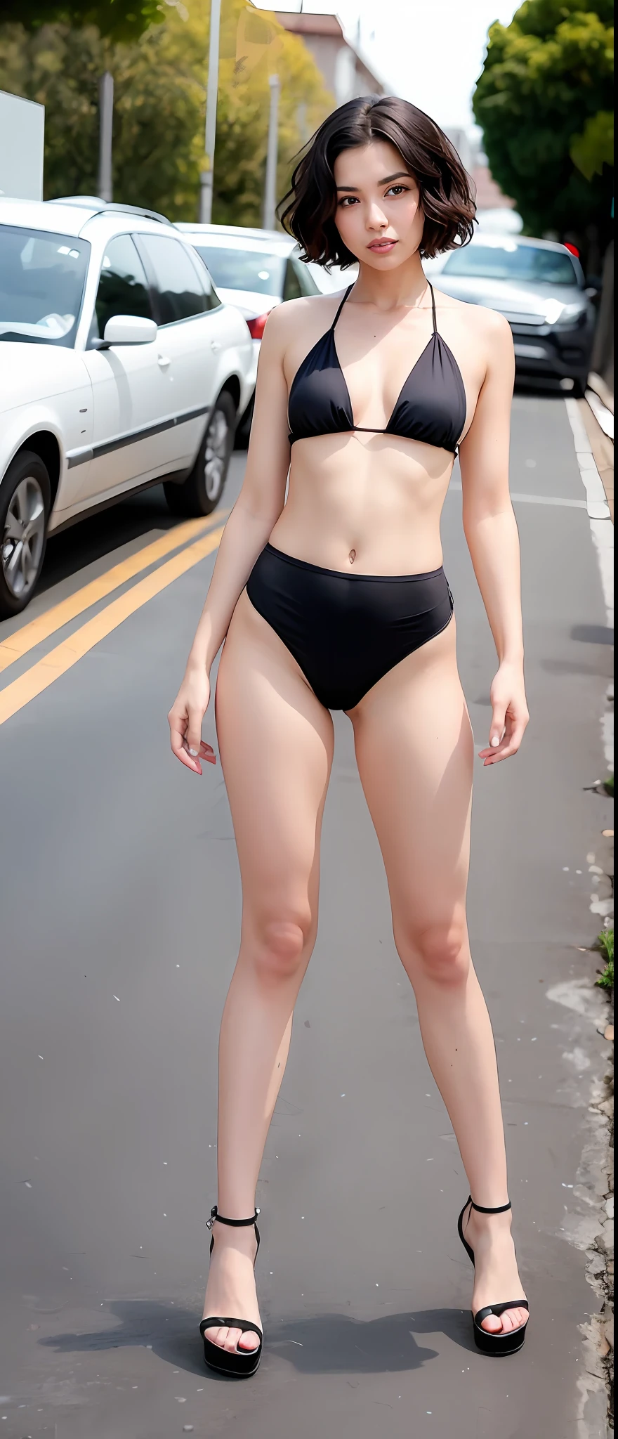 woman in a bikini posing for a picture in a parking lot, Parece Fabiula Nascimento, full body shot in bikini, her navel is exposed, Mulher de 30 anos de Cuba, bikini model, 20 anos, 2 0 I, her black hair is a long curly, mulher negra, pele clara, 2 Modelo feminina de 4 anos