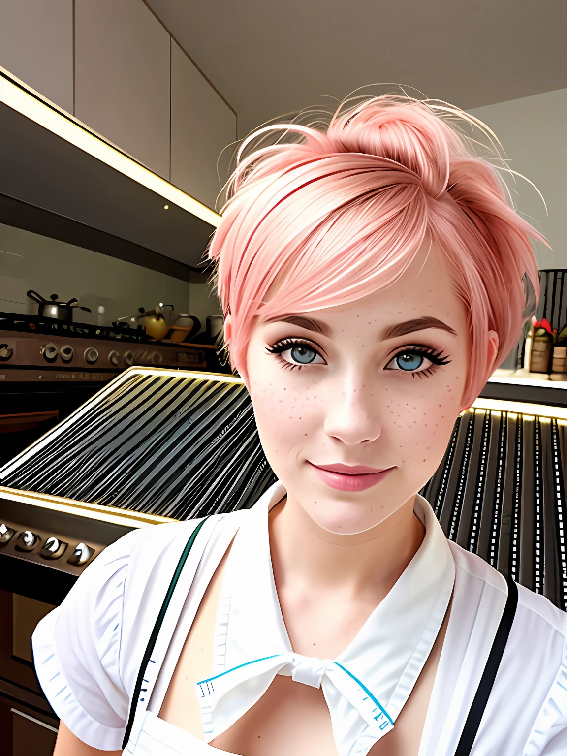 High detail, sharp fokus, Dramatic, fotorrealista, hyper realistic, uma menina de corte longo e rosa, trabalhando em uma cafeteria com flores, vestindo um avental rosa e uma camisa branca, ao entardecer, com profundidade de campo, raios de luz, (light particles:0.9)