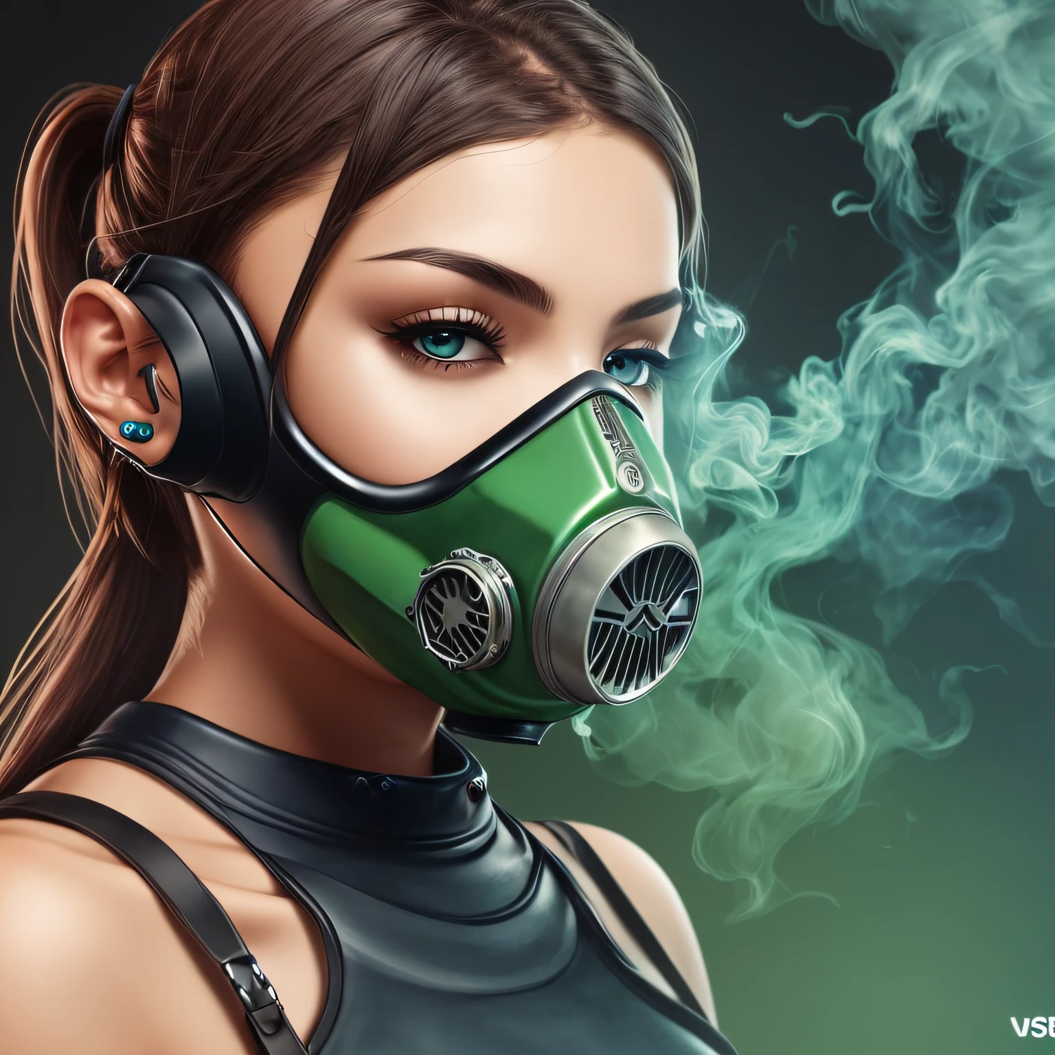 mulher android,sexy,realista,Gas mask,green smoke,4k ,grafite --auto