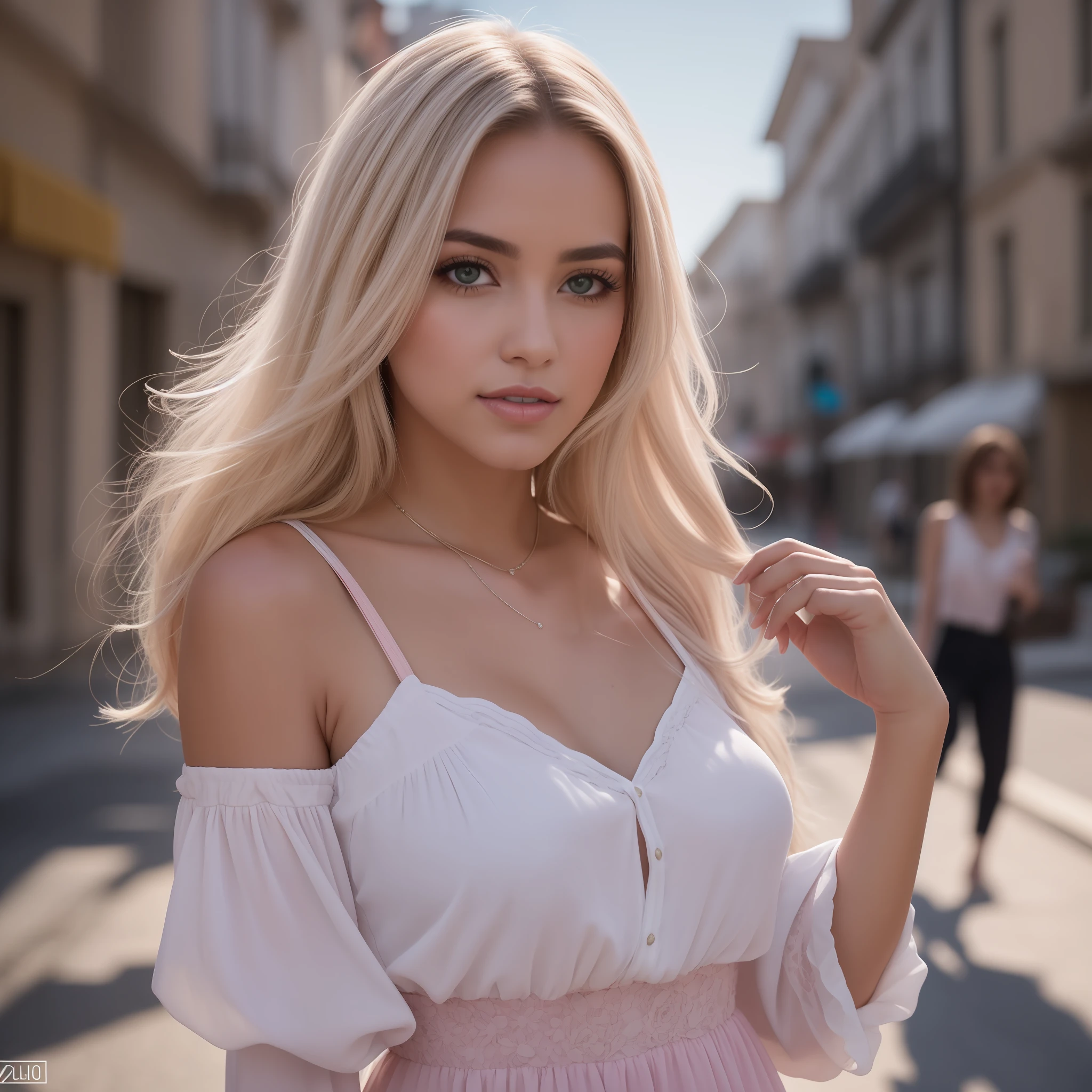 Uma mulher jovem e bonita, blonde hair that falls gently in waves up to the shoulders, altura mediana, olhos grandes e verdes, pele clara, She's in a blouse with cleavage, em uma rua movimentada, Ela sorri, mostra os dentes, there are people in the background of the image is spring the street is flowery, o sol bate de costas fazendo seus cabelos brilharem, seu semblante esta naturalmente sereno, lips with light pink lipstick, Textura 8K, altamente detalhados, realista, soft  Cinematic Light, HDR, sharp fokus, obra-prima, fotorrealista, fotografia premiada, Canon EOS R5, 35 mm.