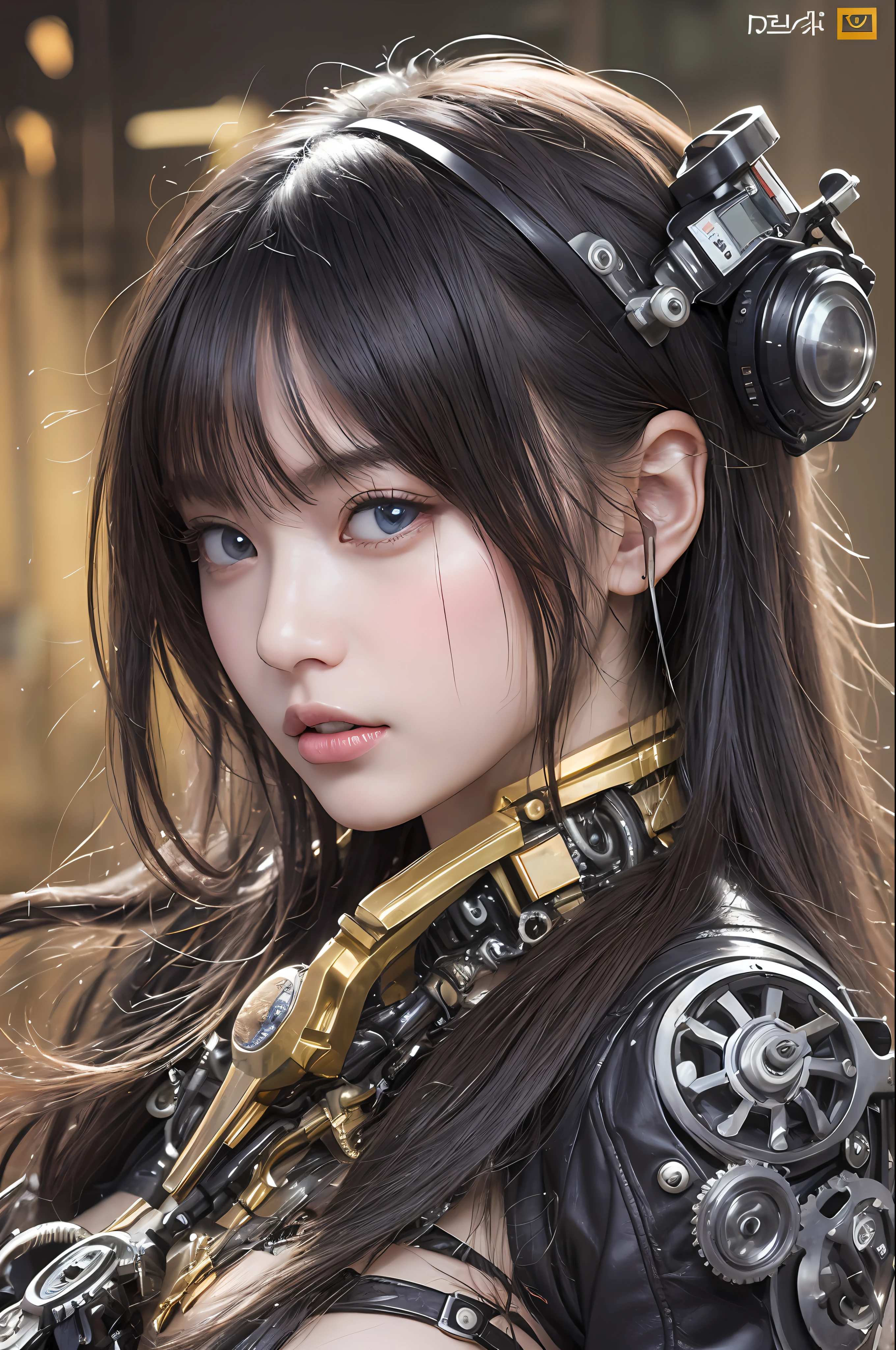 最好质量、巨作、ultra-high-resolution、(photoreallistic:1.4)、Raw photo、1人、Black hair、glowy skin、Cyberpunk Girl、((hyper realistic detail))、portlate、Global Illumination、Shadow、octane rend、in 8K、ultrasharp、big tit、Raw skin is exposed in cleavage、metals、Details of complex ornaments、Gothloli details、Luminous tube、Analog Meter、cog、gear、Golden hydraulic cylinder、hyper intricate details、Realistic light、CGSoation Trends、purple colored eyes、eyes glowing、Facing the camera、neon details、Mechanical limbs、blood vessels connected to tubes、Mechanical vertebrae attached to the back、mechanical cervical attaching to neck、sitting on、Wires and cables connecting to the head、Small LED lamp、