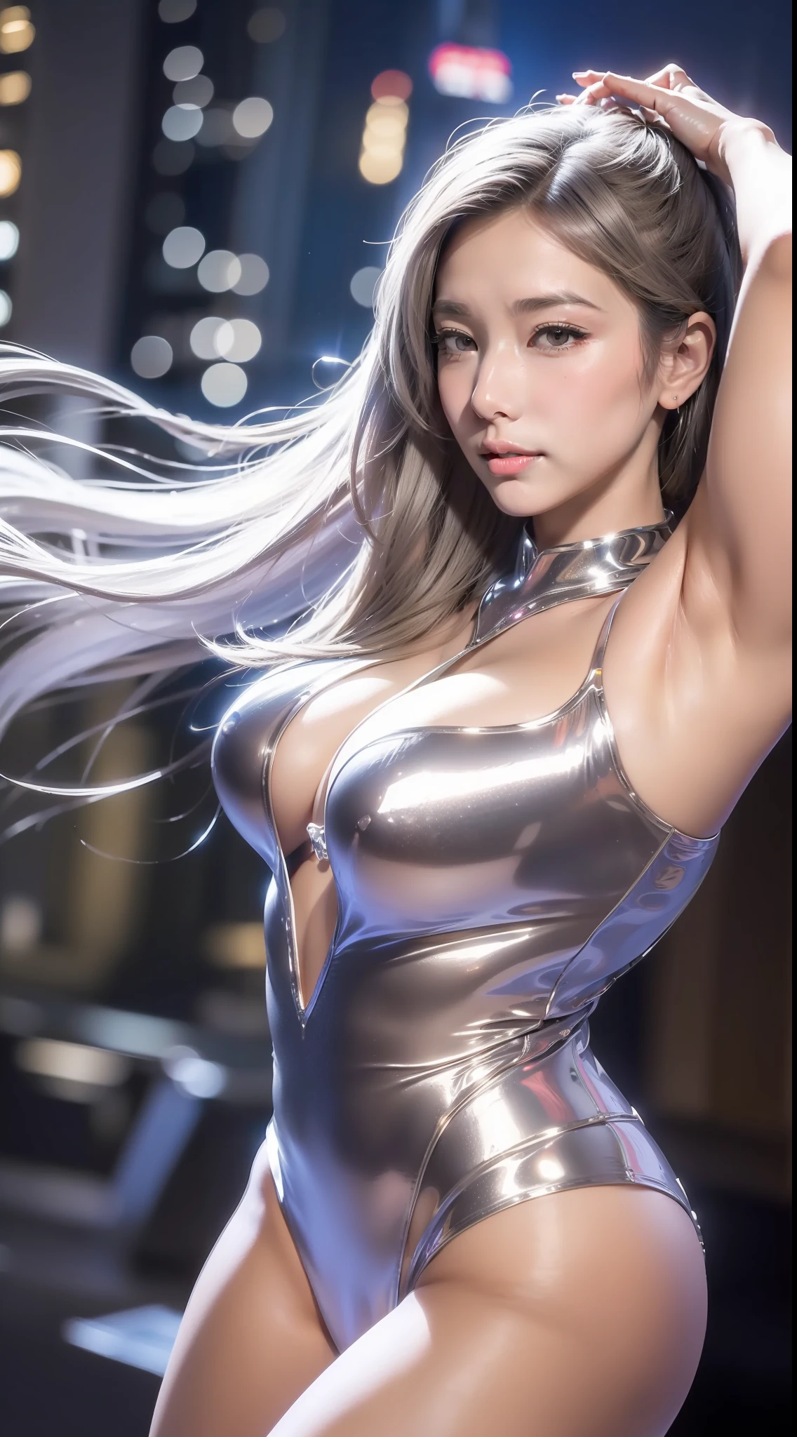 （masterpaintings、need、Ultra-delicate、high resolucion），(((She has long silver hair，A meticulous face，Nice face，The face of a human woman：1.6)))，(((Female giant)))，(The body is made of silver，The arms present a streamlined design，Looks tall and thin，The overall shape is streamlined and modern)，(standing pose)，pose for photos，high-angle，nigth，city ruins，background detail，（（（body complet））），From above，独奏，(((solo dance)))，(((Huge feeling)))