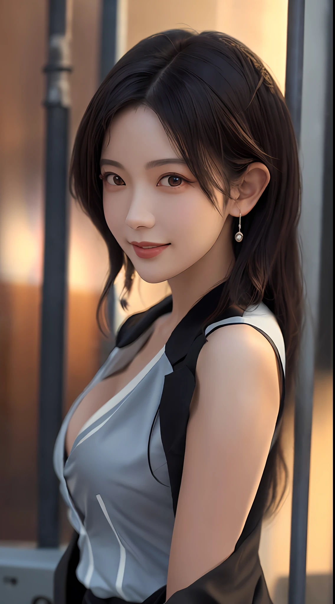 Best quality, Masterpiece, 1 girl, Beautiful face, (Photorealistic picture:1.3), Rim lighting, (High detail skin:1.2), 8K UHD, DSLR, High quality, High resolution, 4K, 8K, Bokeh, Absurdity, Best ratio four fingers and one thumb, (Real:1.3), Cute 1 girl, wearing black formal blazer, Middle breast, Short skirt,smile,Japan person,Natural eyes,Black eyes,Bite