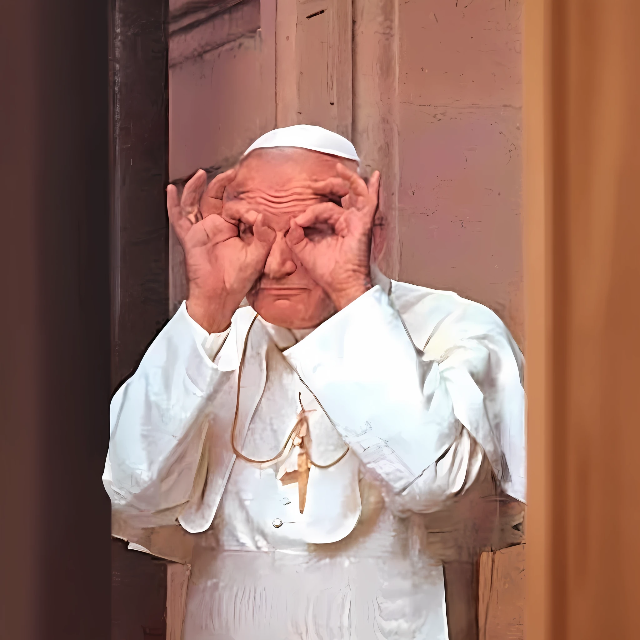 arafed man in white shirt covering his eyes with hands, john paul ii, papa, O Papa, Papa se rende, hear no evil, Retrato do Santo Padre, the pope wakes up is his bed, see no evil, inspirado em Cagnaccio di San Pietro, terceiro olhos meio da testa, holding his hands up to his face