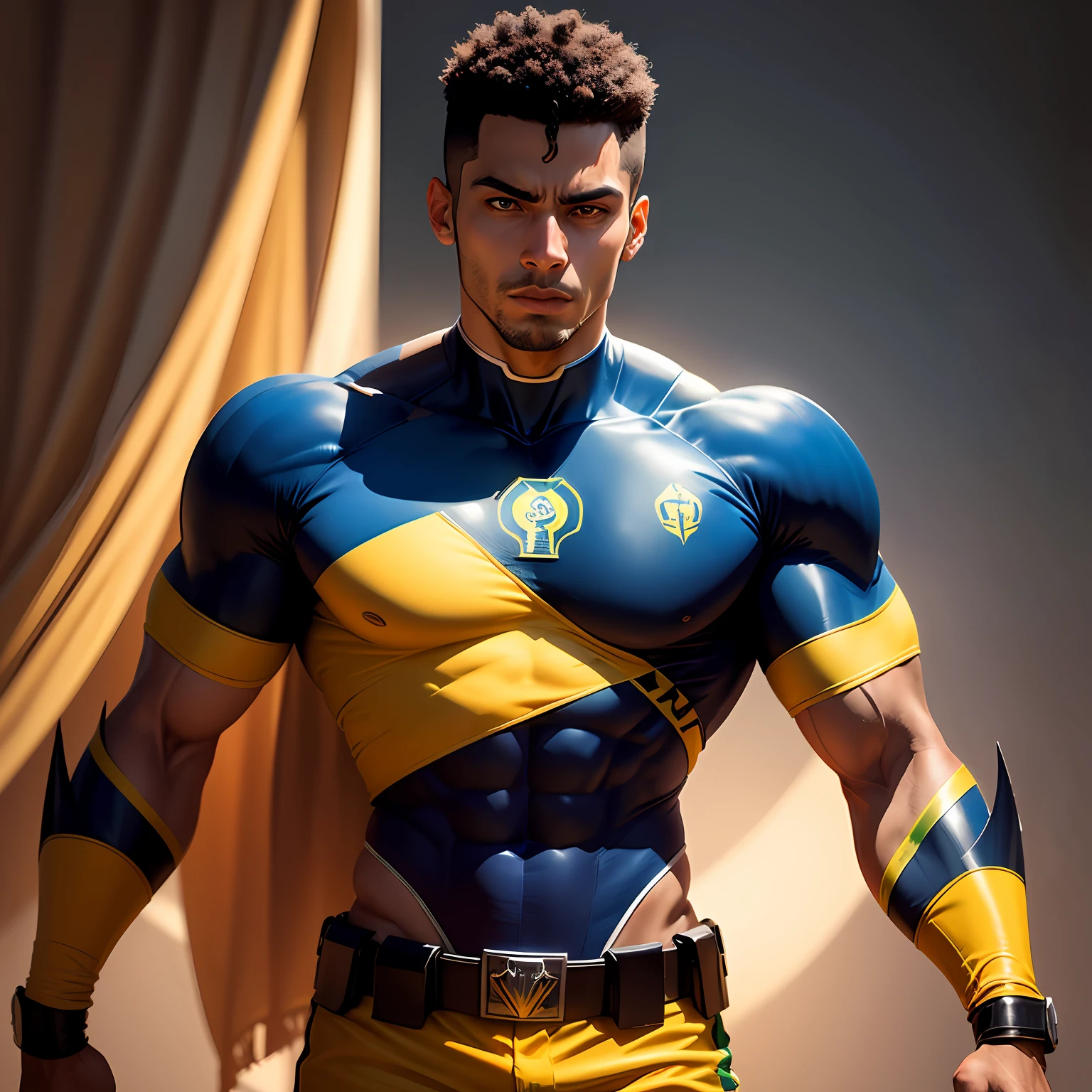 brasileiro, com pele levemente morena, Discover that he will be the new Brazilian superhero, Based on this information, criar o personagem e seu uniforme, contendo as cores da bandeira brasileira, in an epic battle against a giant monster in a lush forest. The vegetation is dense, with tall trees and vibrant foliage. The air is full of tension, with rays of light filtering between the treetops. The scene is depicted in an oil painting style, com pinceladas expressivas e cores ricas, highlighting the action and intensity of the battle,