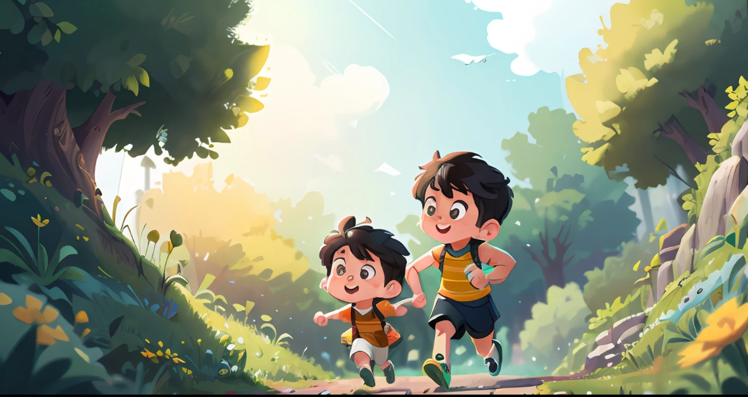(extremely detailed CG unity 8k wallpaper,masterpiece, best quality, ultra-detailed),(best illumination, best shadow, an extremely delicate and beautiful),(1boy),black hair, bright and wide open eyes, male ager, a dynamic pose, wise, reflective, pondering, on a vast green field, with Lucas, a cunning boy, by his side, Sofia, a brave girl, confident and bold, and even Pedro, a playful boy, happily running ahead.