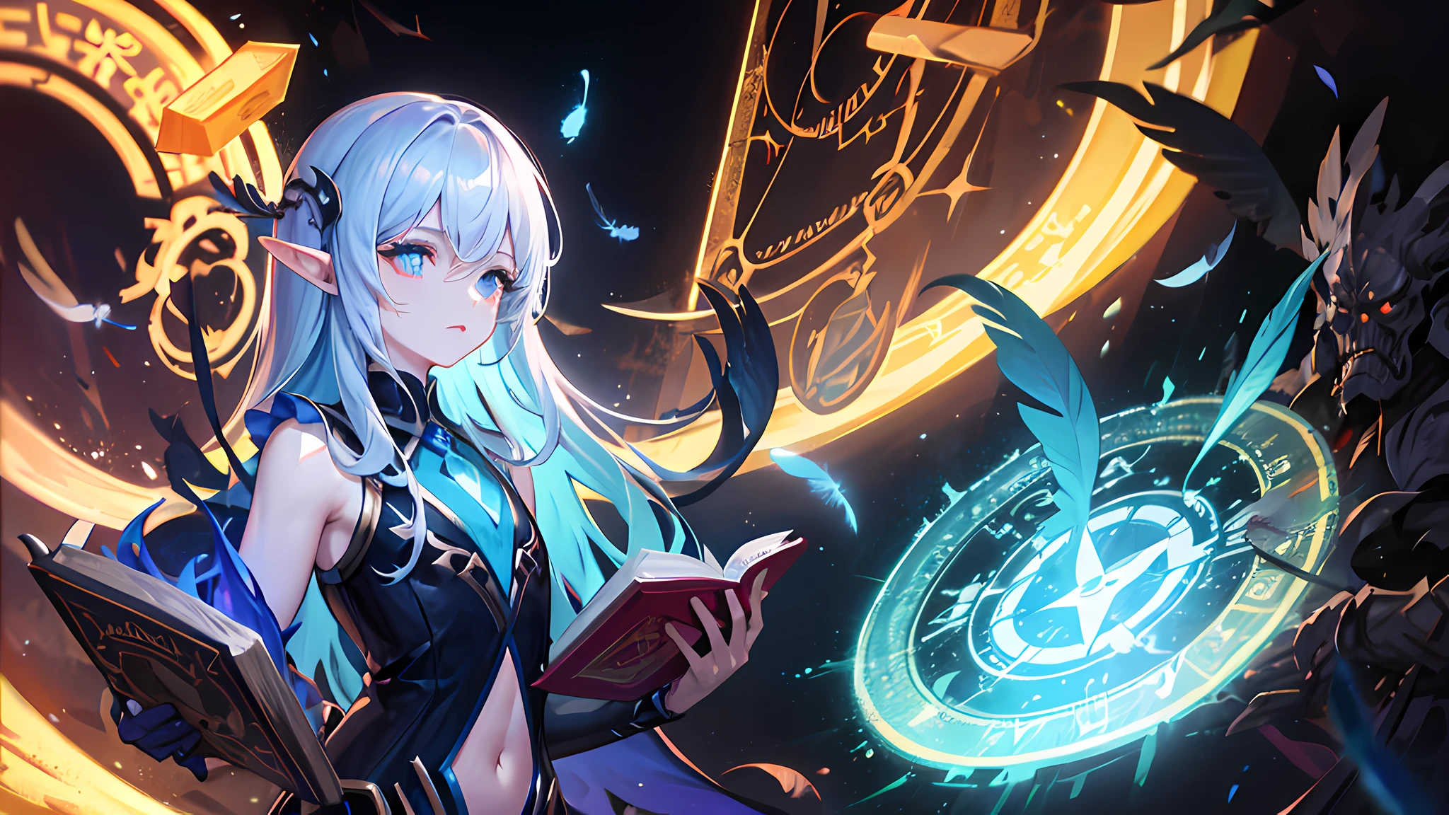 death, blood, night, darkness, (fantasy), infinity, deep blue sky, abyss of knowledge, knowledge, ((masterpiece)),(((extreme))),((beautiful detailed eyes)),(eyelashes) , monster, (1 female), blue hair, long hair, abyssal eyes, shiny skin, oil, small ?????, (bird body, feathers), rags, Tzeentch, elf, extremely fine CG unity 8k wallpaper, masterpiece ,((ultra-detailed)),((illustration)), colorful, wallpaper, energy, unknown horror, arcane, magic surrounding, magic surrounding, magic wand, book pages, flying all over the sky, knowing what it is, predicting the future, understanding the past , Infinite Wisdom, Blue Flame, Warlock, Magic Circle, Pentagram, Mantra, Mantra, Singing Magic,