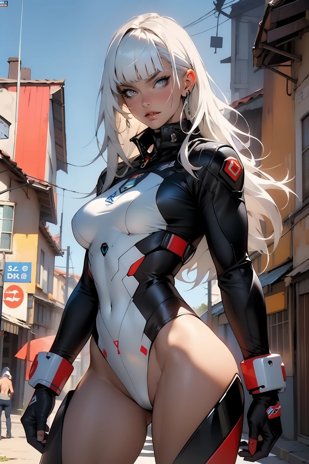 (((Simon Bisley)))), Mature woman 35 years muscular gorgeous, giant robot pilot, wild with perfect body, bare thighs, white hair with bangs, wearing little clothes, tiny thong, hoarse with the colors of the flag of the Czech Republic, sensual pose, pose with attitude, add movements, large breasts, technological scenery