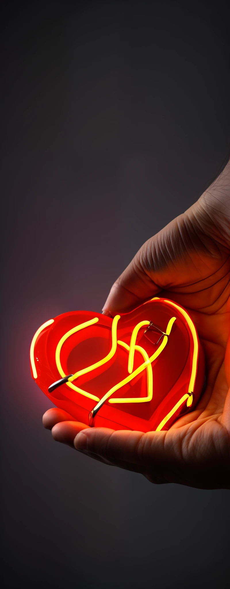 (human hand squeezing a neon metallic heart)