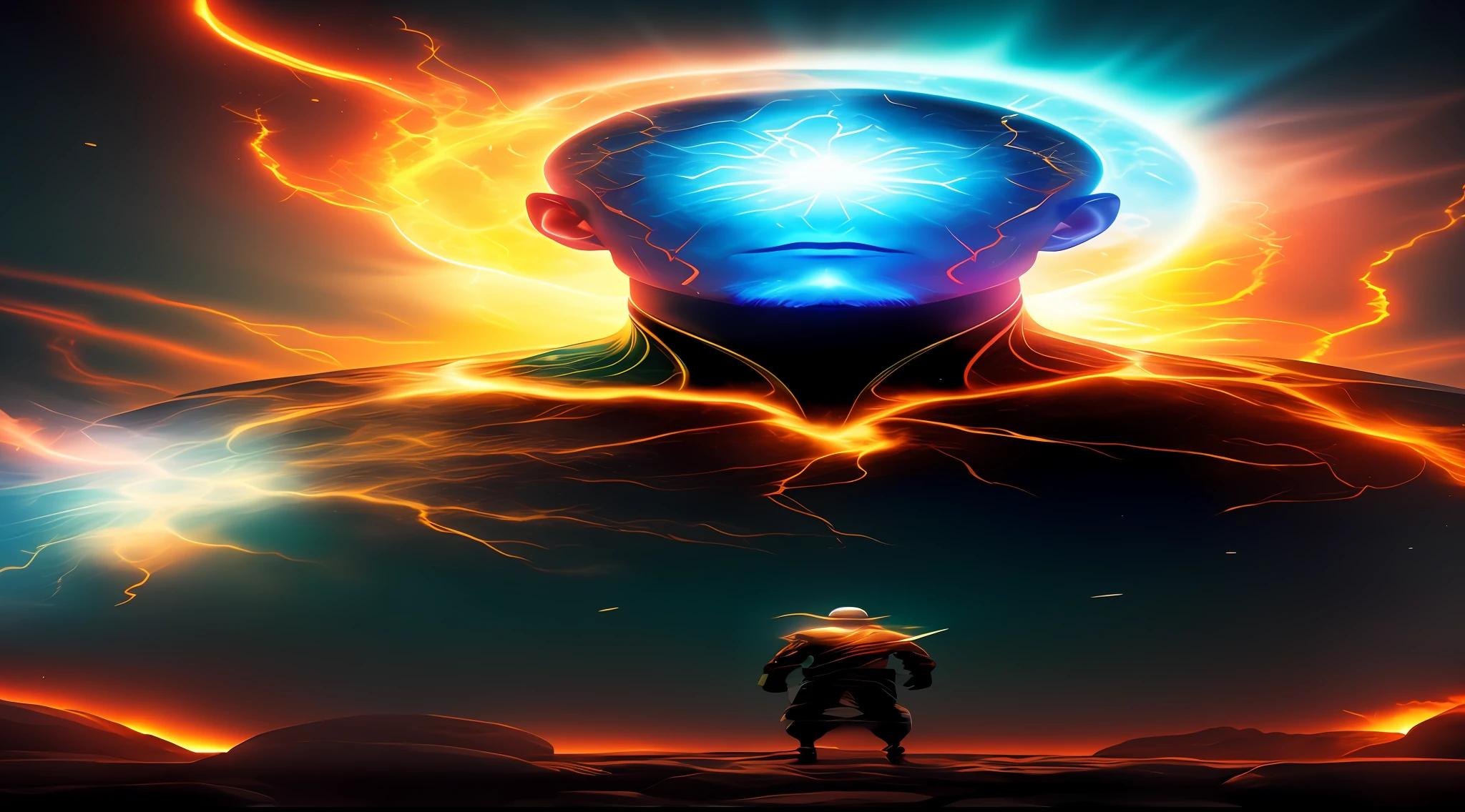 Man sitting in lotus position, psychedelic artwork