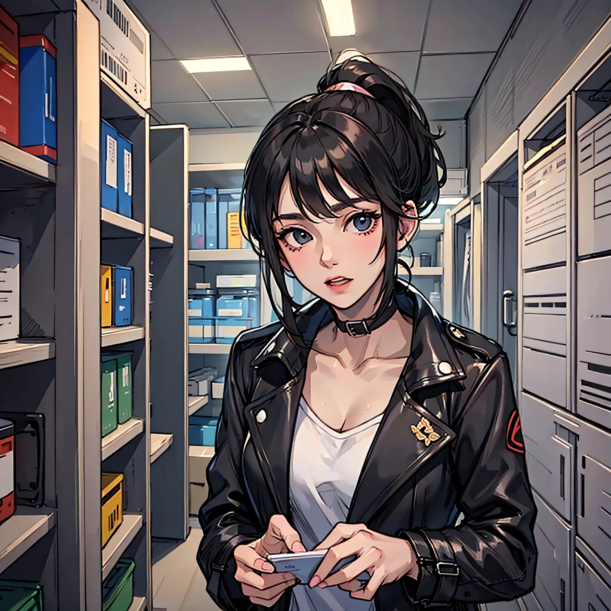 A woman with a black ponytail,Wear a black trench coat,the night,hospitals,storeroom,Lab Room