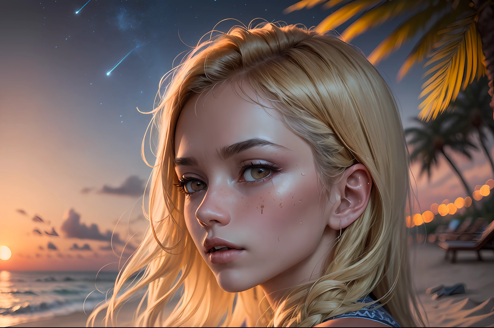 ultra realistic 8k cg, masterpiece, ((ultra detailed background, delicate pattern, intricate detail, highly detailed, best quality fine details, hyper detailed face)), (photorealistic: 1.4), beautiful lighting, absurdities, RAW photo, grain of film, Katara, , ((complex detailed background, beach, sand, ocean, outdoor, palm tree, sunrise, moody lighting, warm lighting, dim lighting, bonfire, night sky)),