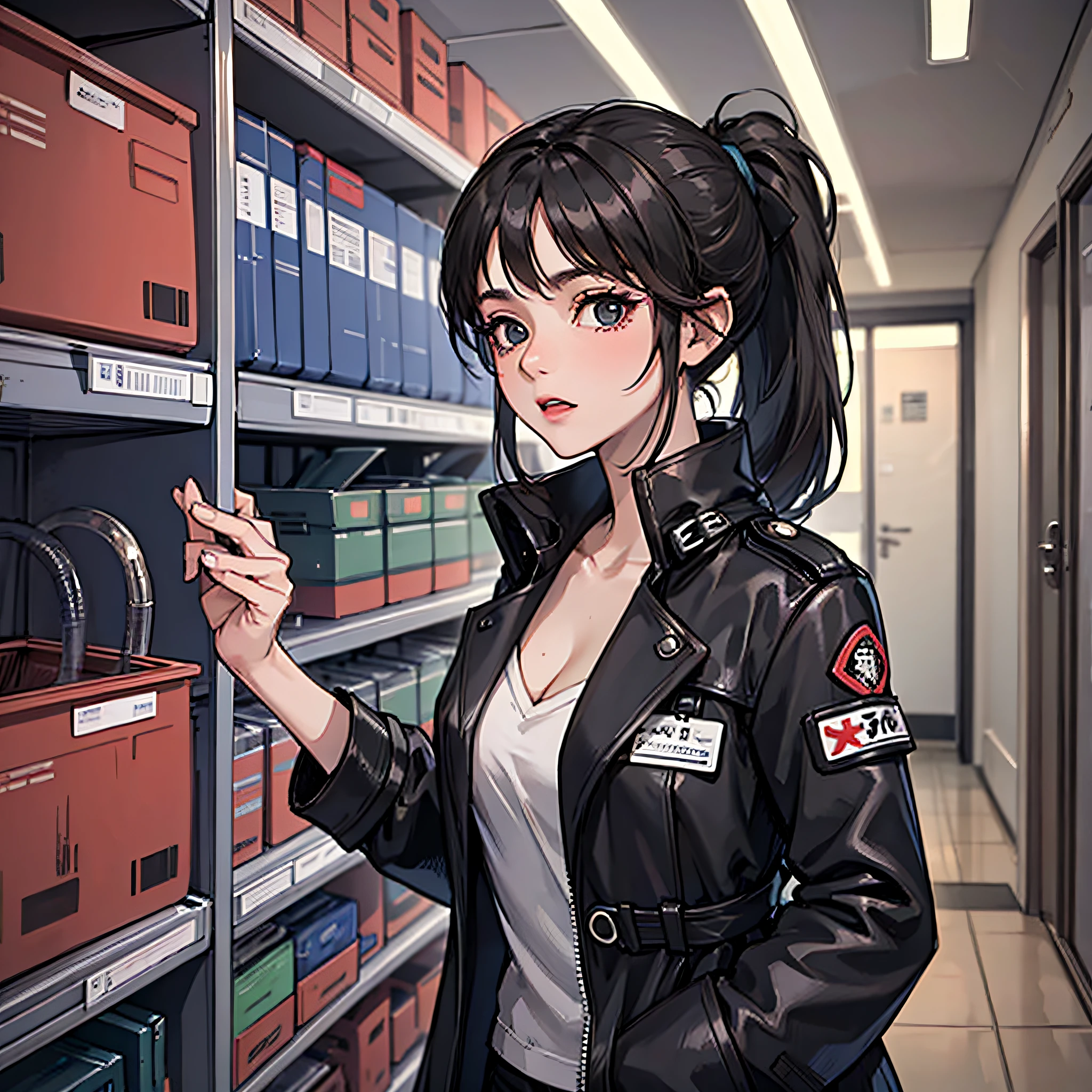 A woman with a black ponytail,Wear a black trench coat,the night,hospitals,storeroom,Lab Room