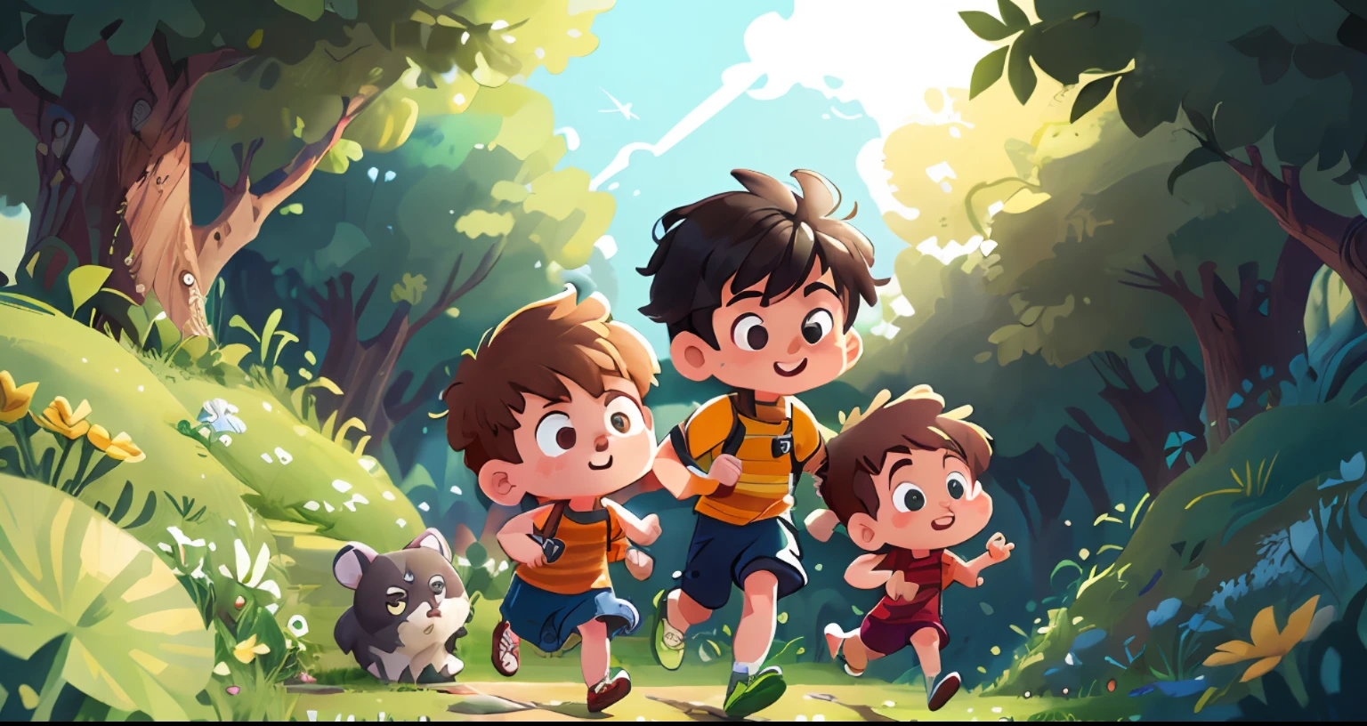 (extremely detailed CG unity 8k wallpaper,masterpiece, best quality, ultra-detailed),(best illumination, best shadow, an extremely delicate and beautiful),(1boy),black hair, bright and wide open eyes, male ager, a dynamic pose, wise, reflective, pondering, on a vast green field, with Lucas, a cunning boy, by his side, Sofia, a brave girl, confident and bold, and even Pedro, a playful boy, happily running ahead.
