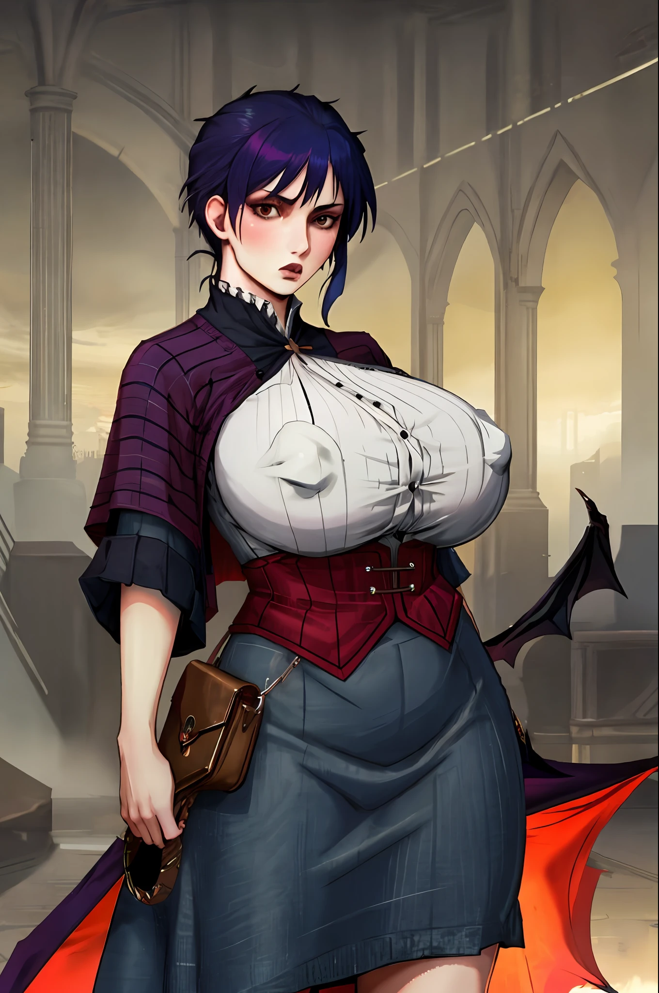 huge breast , thicc, goth, morrigan, long skirt, victorian cloths, portrait,