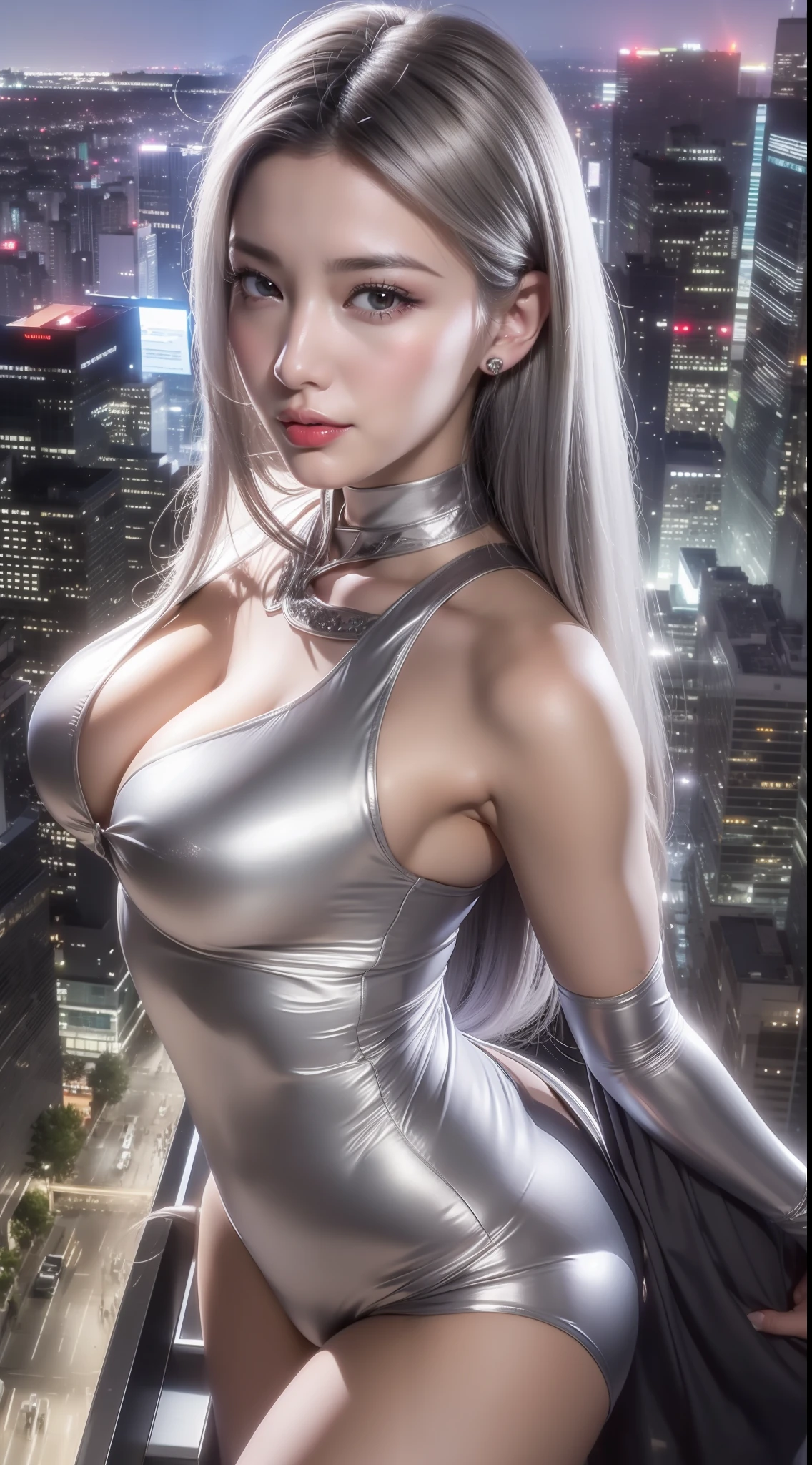 (masterpaintings、need、Ultra-delicate、high resolucion),(((She has long silver hair,A meticulous face,Nice face,The face of a human woman:1.6))),(((Female giant))),(The body is made of silver,The arms present a streamlined design,Looks tall and thin,The overall shape is streamlined and modern),(standing pose),pose for photos,high-angle,nigth,city ruins,background detail,(((body complet))),From above,独奏,(((solo dance))),(((Huge feeling)))