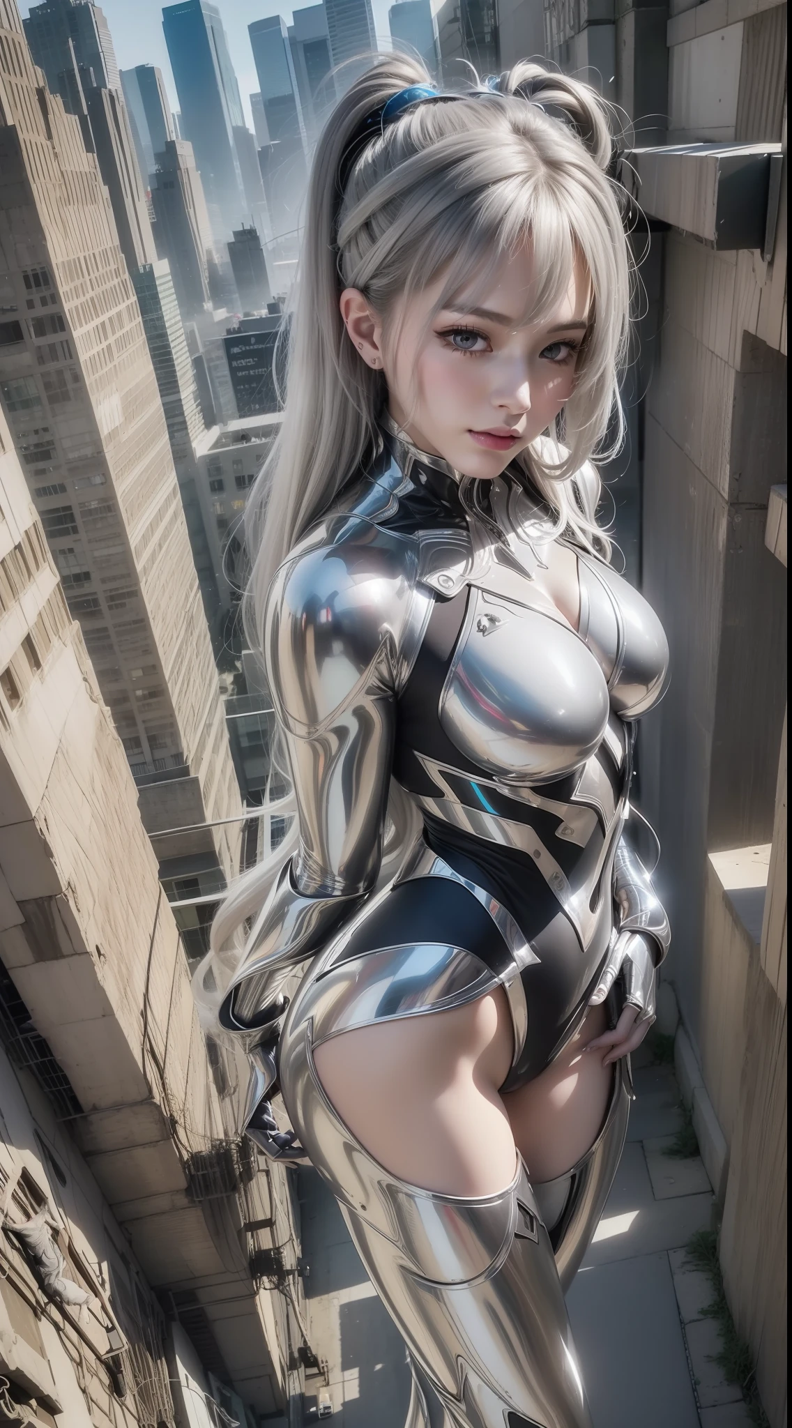 (masterpaintings、need、Ultra-delicate、high resolucion),(((She has long silver hair,A meticulous face,Nice face,The face of a human woman:1.6))),(((Female giant))),(The body is made of silver,The arms present a streamlined design,Looks tall and thin,The overall shape is streamlined and modern),(standing pose),pose for photos,high-angle,nigth,city ruins,background detail,(((body complet))),From above,独奏,(((solo dance))),(((Huge feeling)))