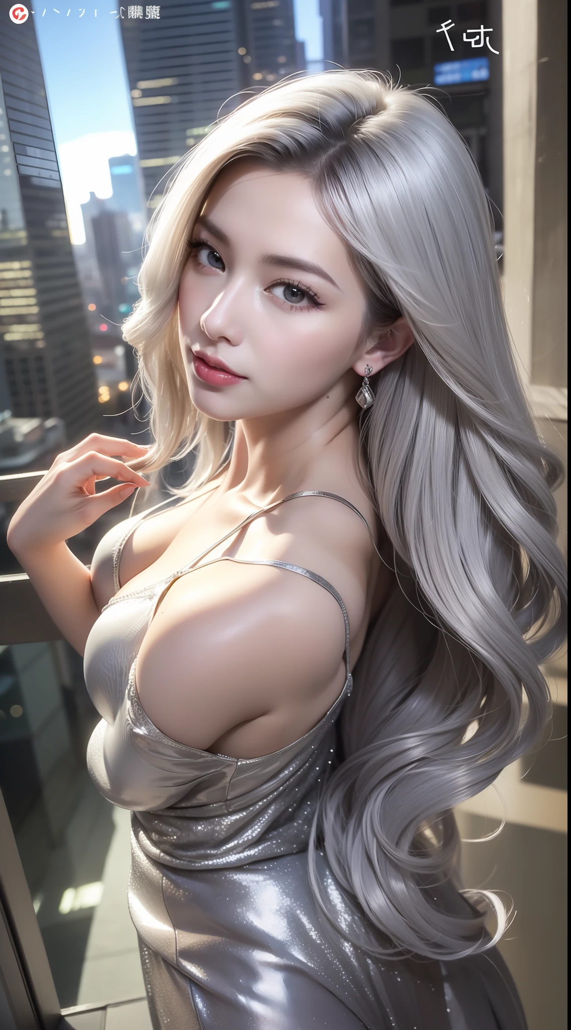 (masterpaintings、need、Ultra-delicate、high resolucion),(((She has long silver hair,A meticulous face,Nice face,The face of a human woman:1.6))),(((Female giant))),(The body is made of silver,The arms present a streamlined design,Looks tall and thin,The overall shape is streamlined and modern),(standing pose),pose for photos,high-angle,nigth,city ruins,background detail,(((body complet))),From above,独奏,(((solo dance))),(((Huge feeling)))