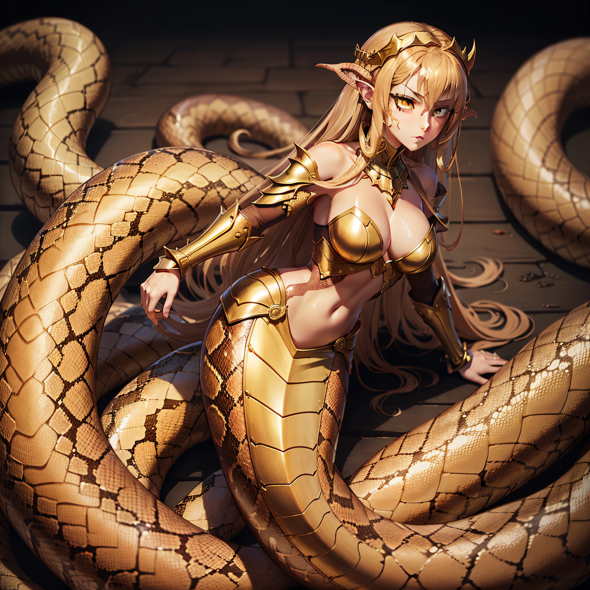 Lamia, detailed snake skin, (lamia) snake tail, brown platted scales, tan spikes, tan-brown platted armor, golden eyes, brown shell, masterpiece, best quality