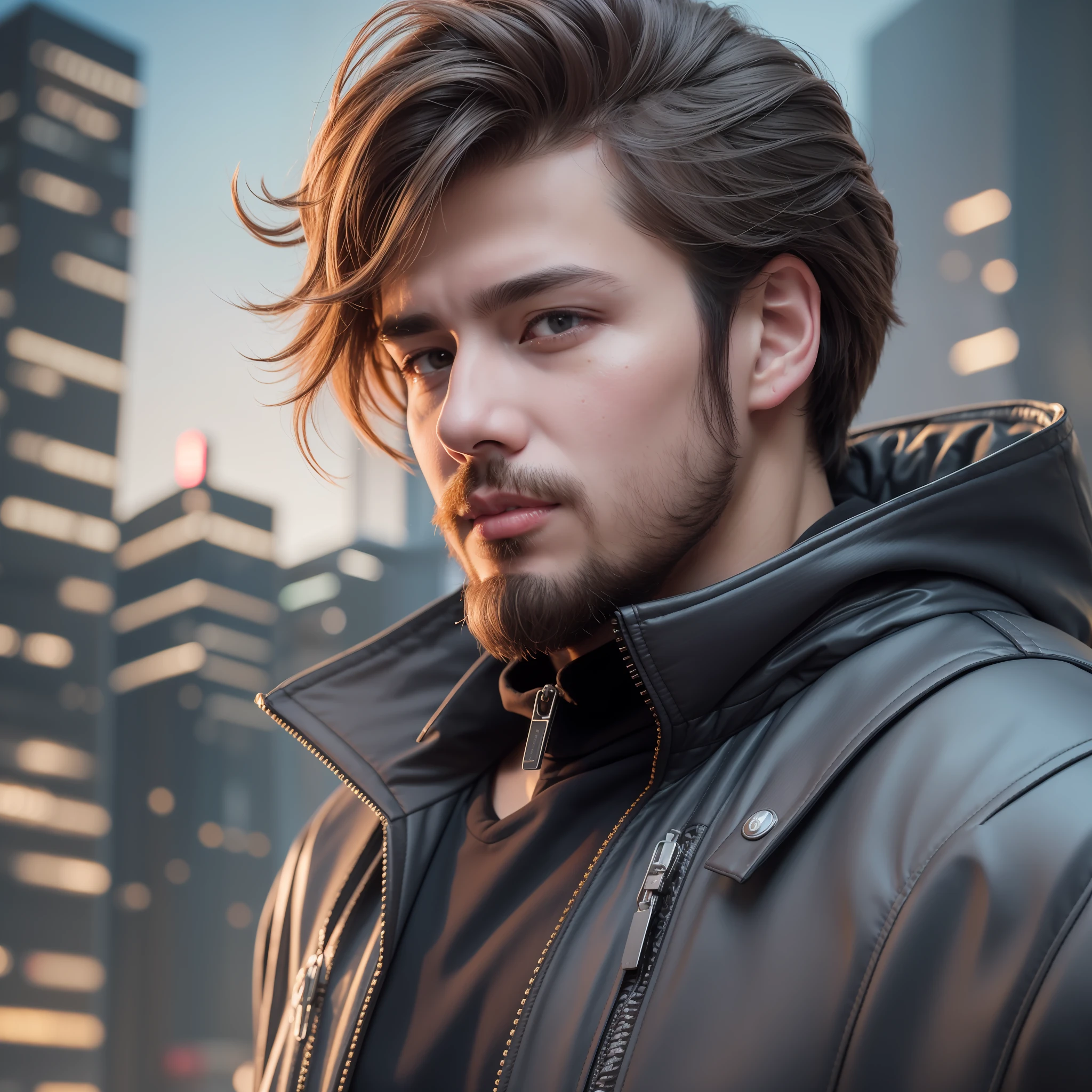 A handsome 18 years old boy with pump jacket and some bearded in his face, stylish hair, cyberpunk, ultra realistic, 8k, city in background, cute face, facemask,