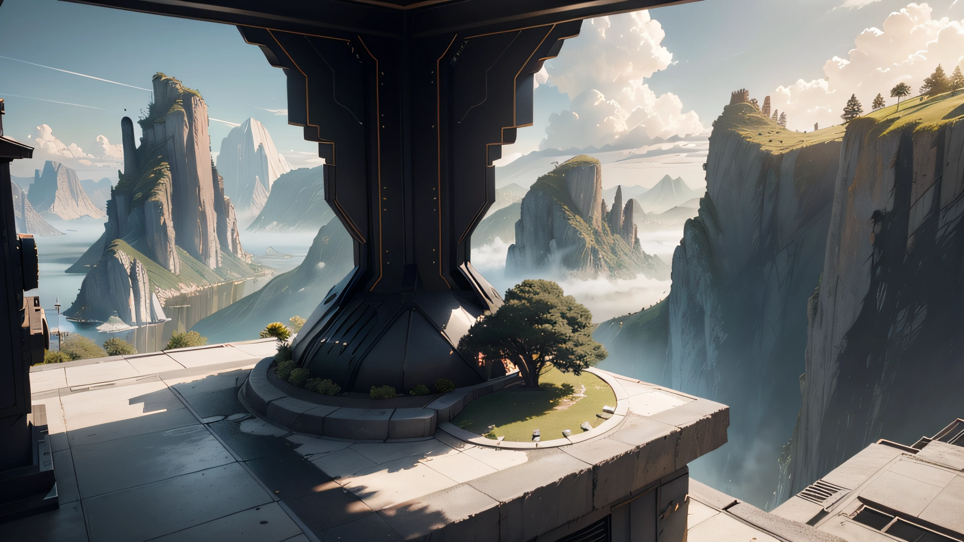 no humans, scenery, vanishing point, from below, masterpiece, best quality, 8k, absurdres, water surface, summer, noon, sunlight, blue sky, perspective, depth of field, highres, finely detail, ultra-detailed, sharp focus