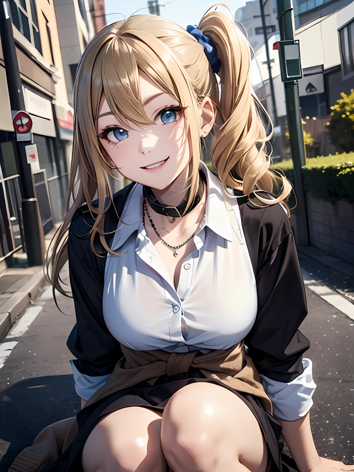 (mastaer piece:1.3)、(最好质量:1.4)、Hi-Res、NNSFW、in 8K resolution、1girl in, Solo, hayasaka ai, Blue scrunchie,(Side Ponytail), Hair Between Eyes, Blue Eyes, Blonde hair, Hair Ornament, Breasts, School Uniform, collared shirt, hair scrunchie, clothes around waist, Bangs, Black socks, Black vest, Long hair, Long sleeves, cardigan, side locks, knee high, dress shirts, Necklace, collar bone, Black dress, Jewelry, Light brown sweater、Random Posing、Cute smile、