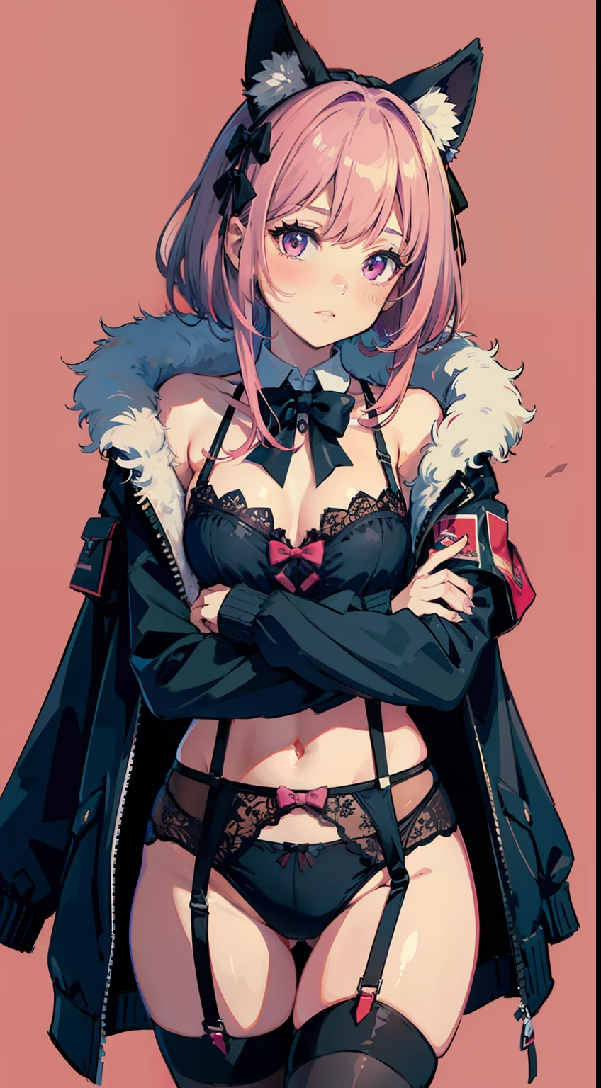 pink_background, red_background, 1girl, fur_trim, bow, garter_belt, black_bow, animal_ears, purple_background, thighhighs, solo, jacket, cowboy_shot,