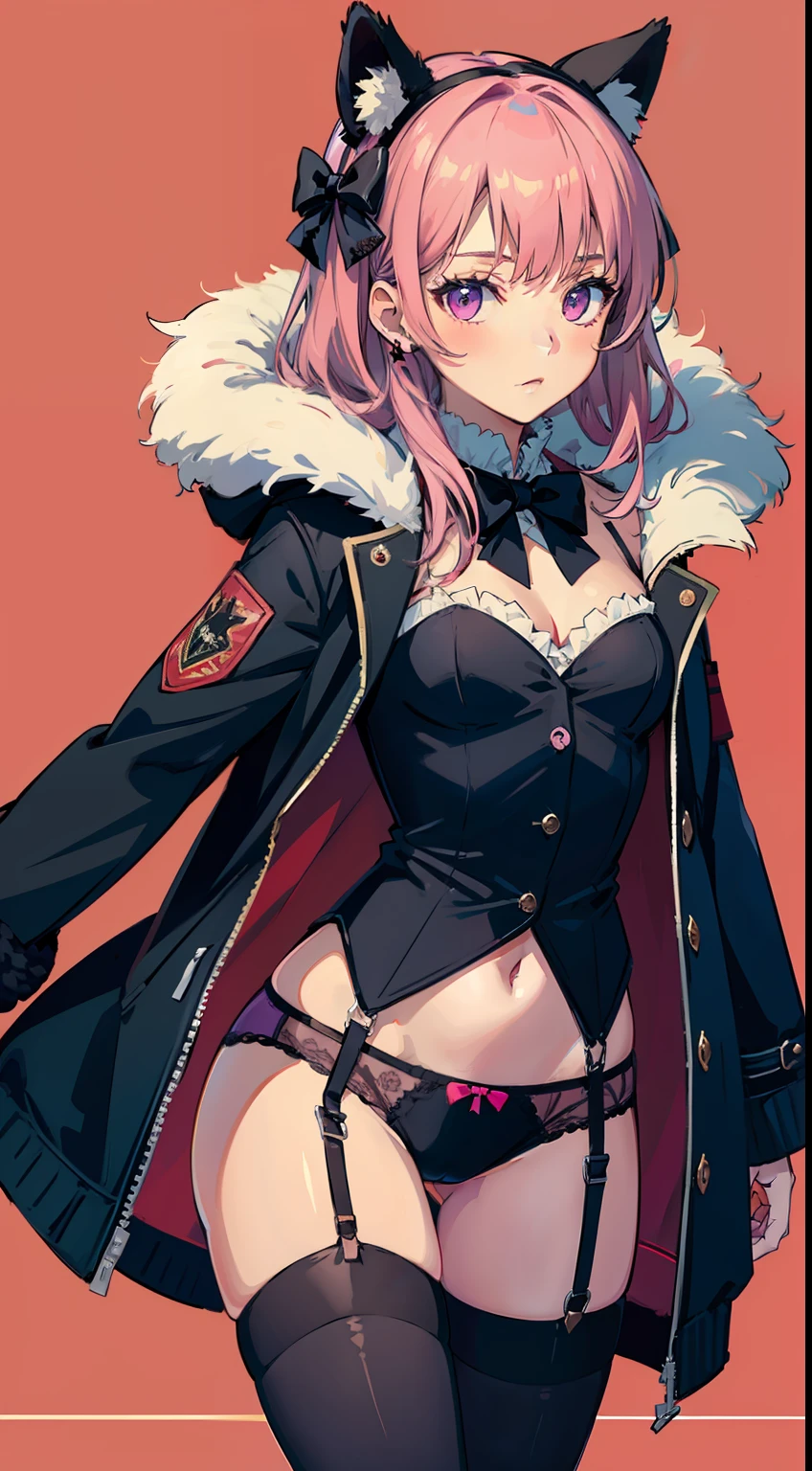 pink_background, red_background, 1girl, fur_trim, bow, garter_belt, black_bow, animal_ears, purple_background, thighhighs, solo, jacket, cowboy_shot,