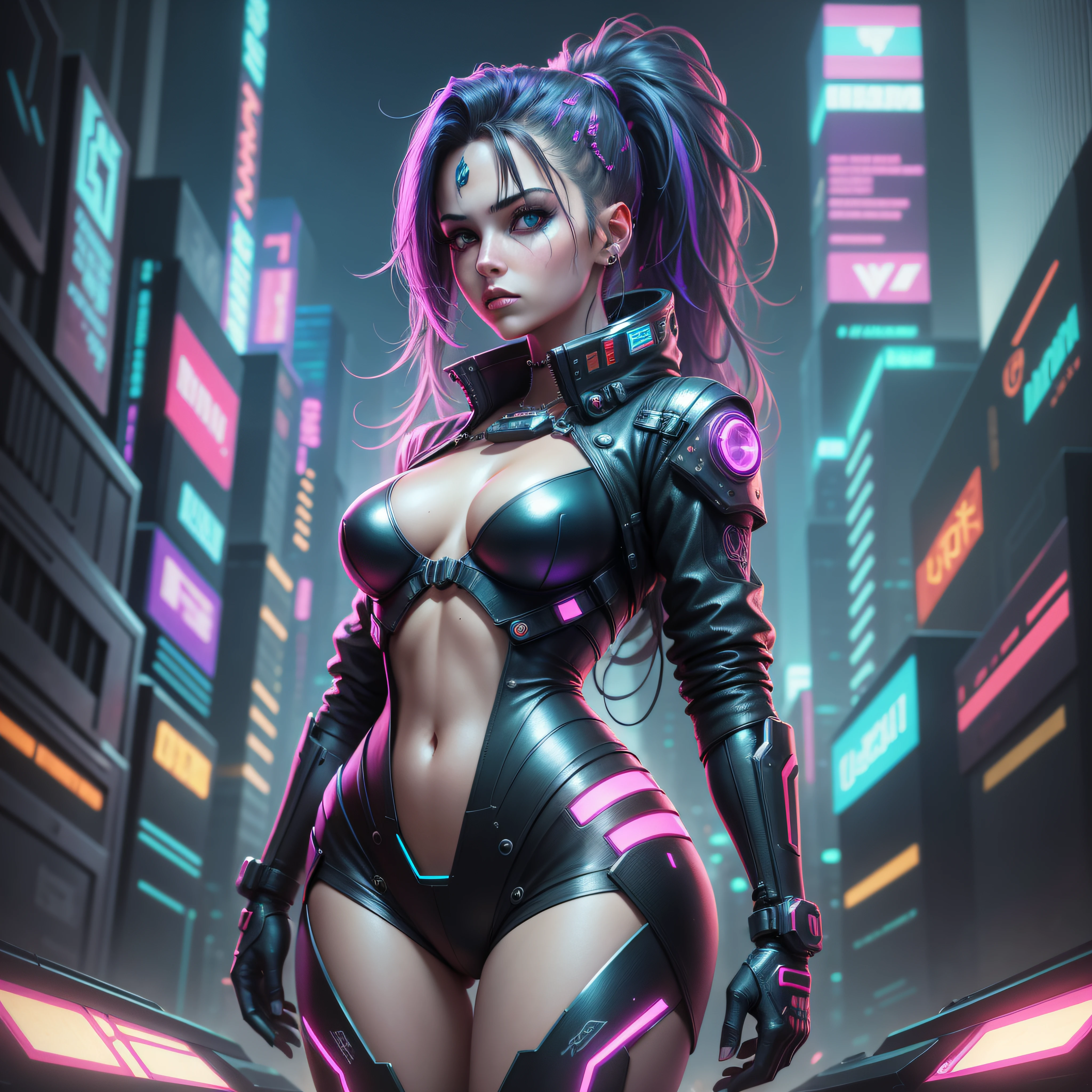 ((Best quality)), ((masterpiece)), (highly detailed:1.3), 3D, beautiful (cyberpunk:1.3) hacker woman with thick voluminous hair operating a computer terminal