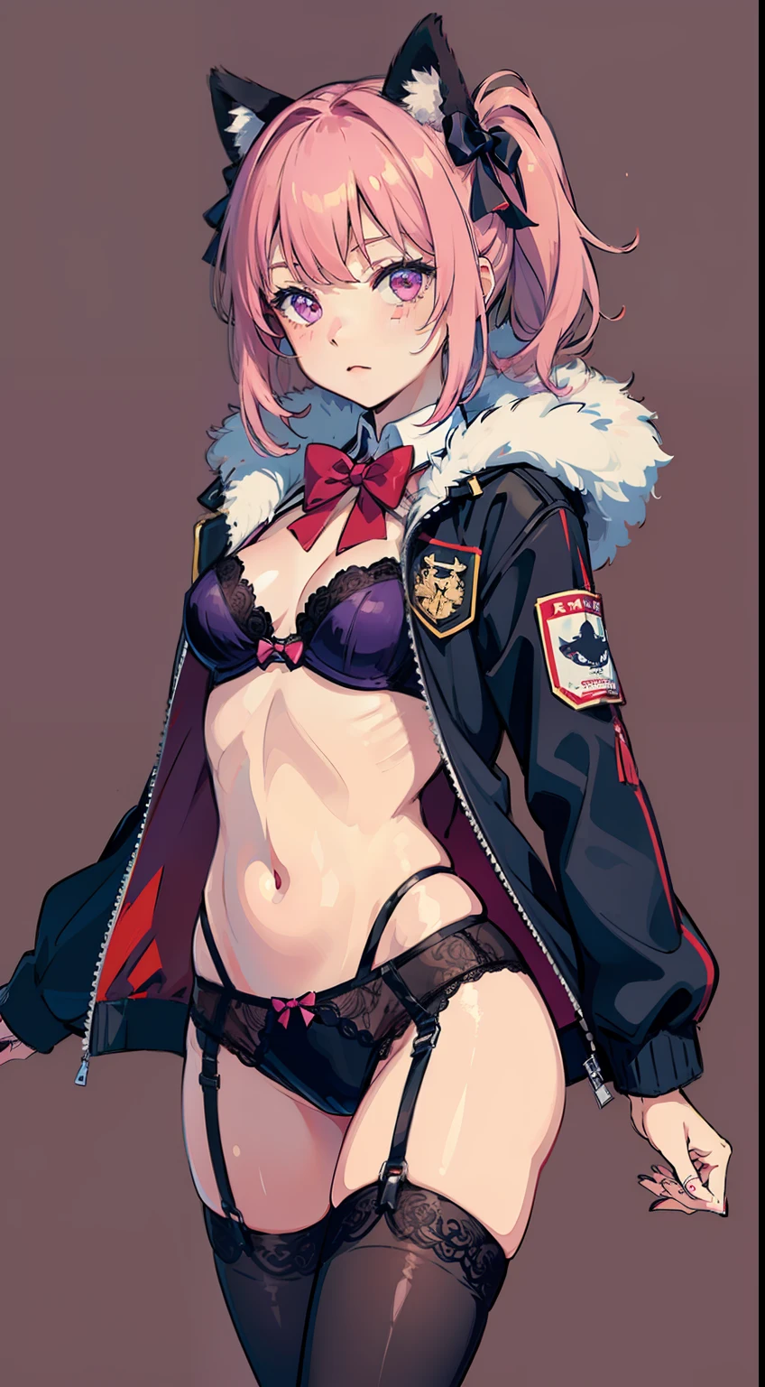 pink_background, red_background, 1girl, fur_trim, bow, garter_belt, black_bow, animal_ears, purple_background, thighhighs, solo, jacket, cowboy_shot,